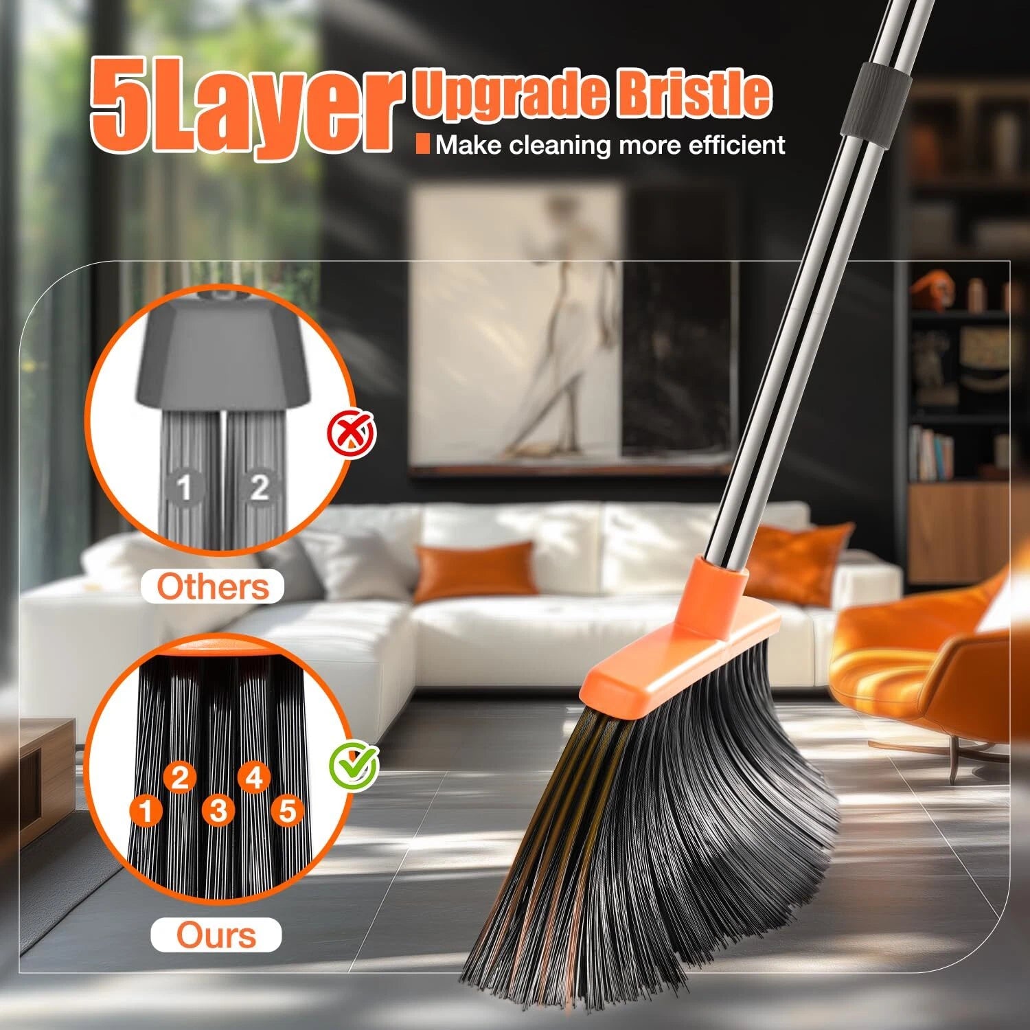 Broom and Dustpan Set 52" Adjustable Handle Stand Up Dustpan Teeth Heavy Duty