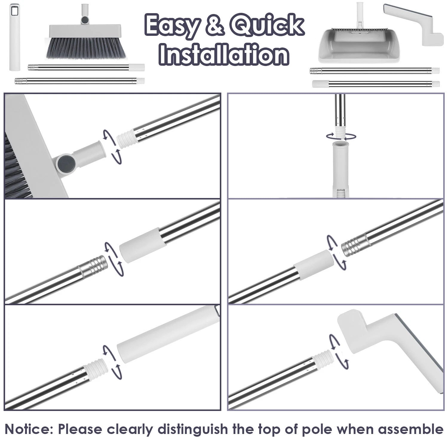 Heavy Duty Broom And Dustpan Combo Set W/ Squeegee Stylish Grey Handle Perfect