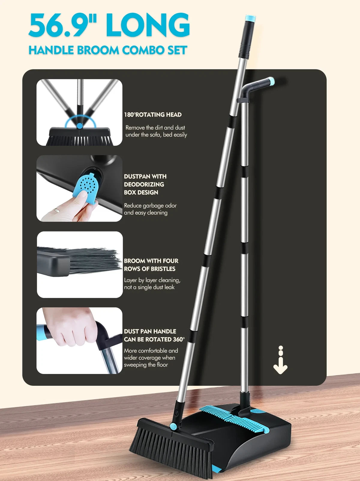 Broom and Dust Pan Combo, Steel Broom and Dustpan Set for Home