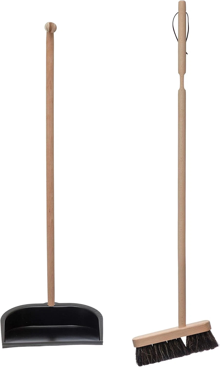Beech Wood Broom & Standing Metal Dust Pan, Natural & Black