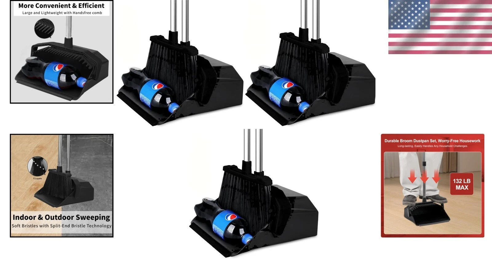 Heavy-Duty Broom Set with Self-Cleaning Dustpan - 51" Long Handles for Easy Use