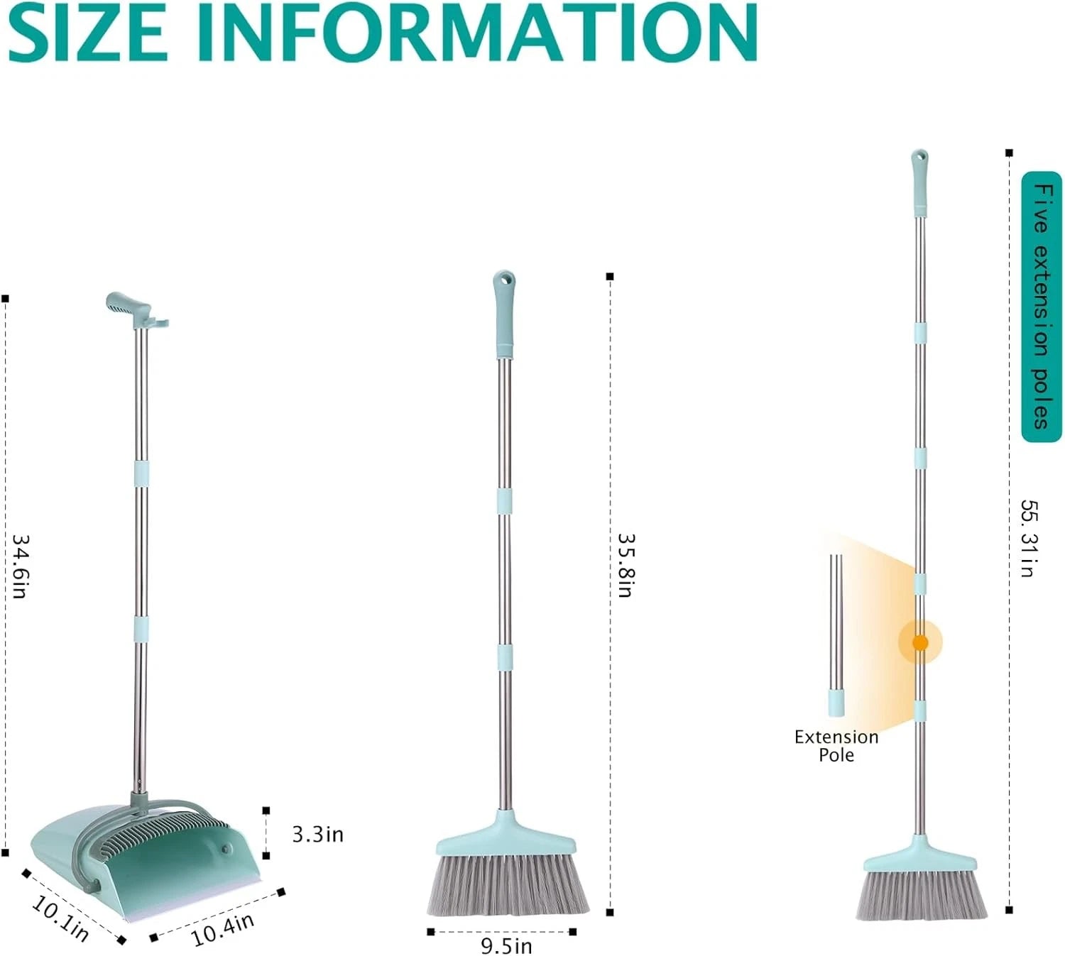 Broom and Dustpan Set 55" Long Handle Indoor Sweeping Combo Blue Green