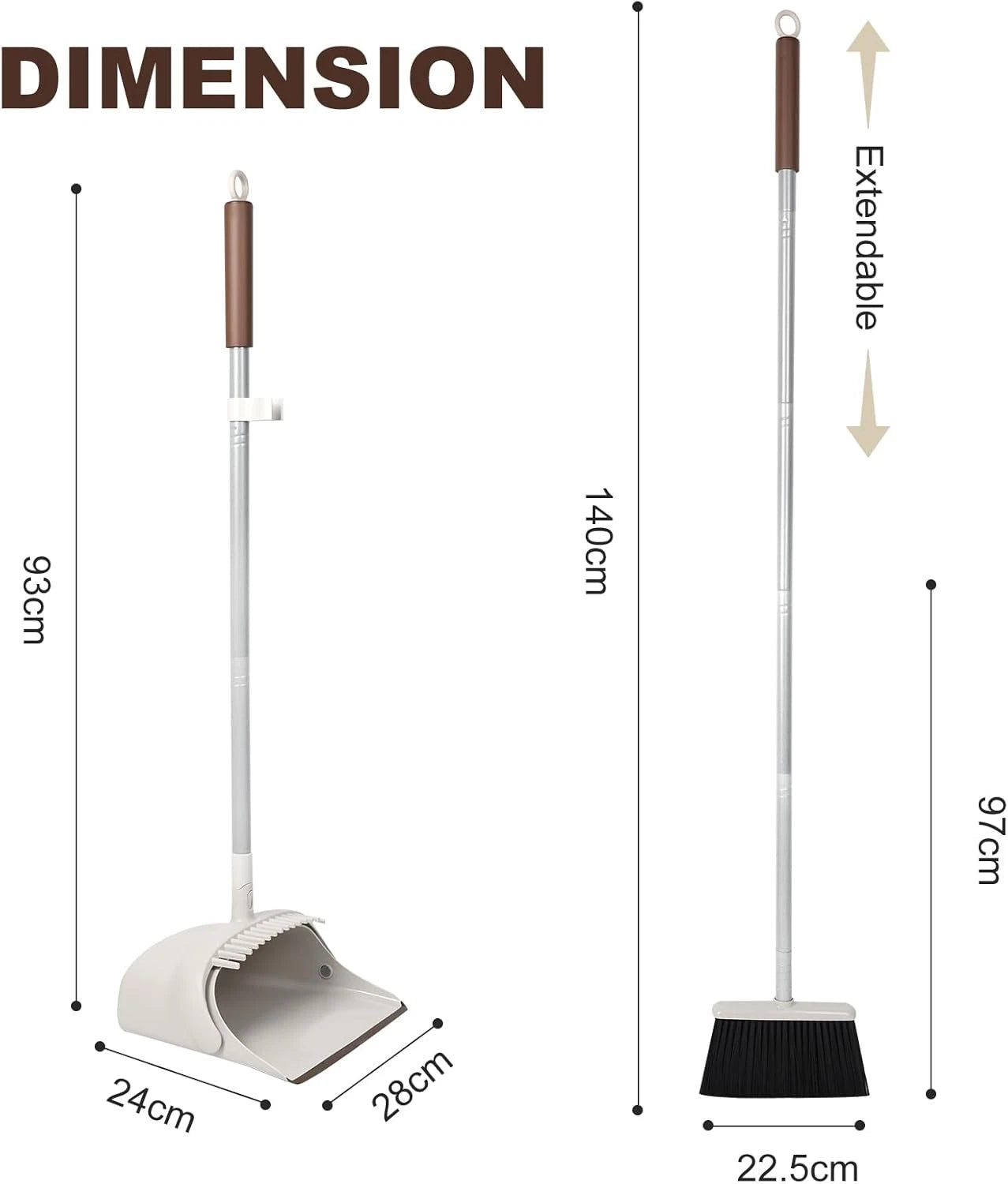 54-inch long-handled broom and dustpan set in brown and white