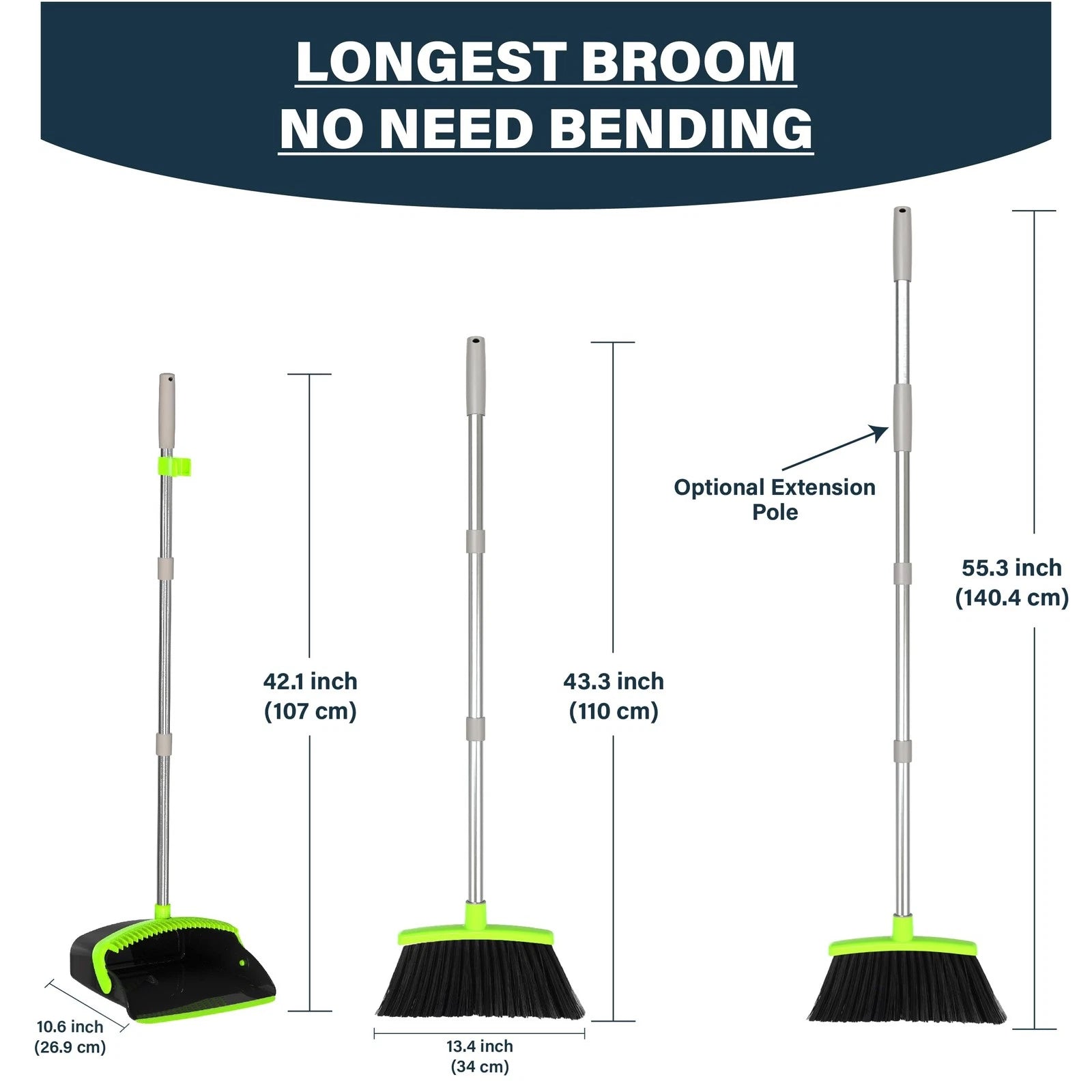 Broom and Dustpan Set 55", Long Adjustable Stainless Steel Handle, Upright, L...