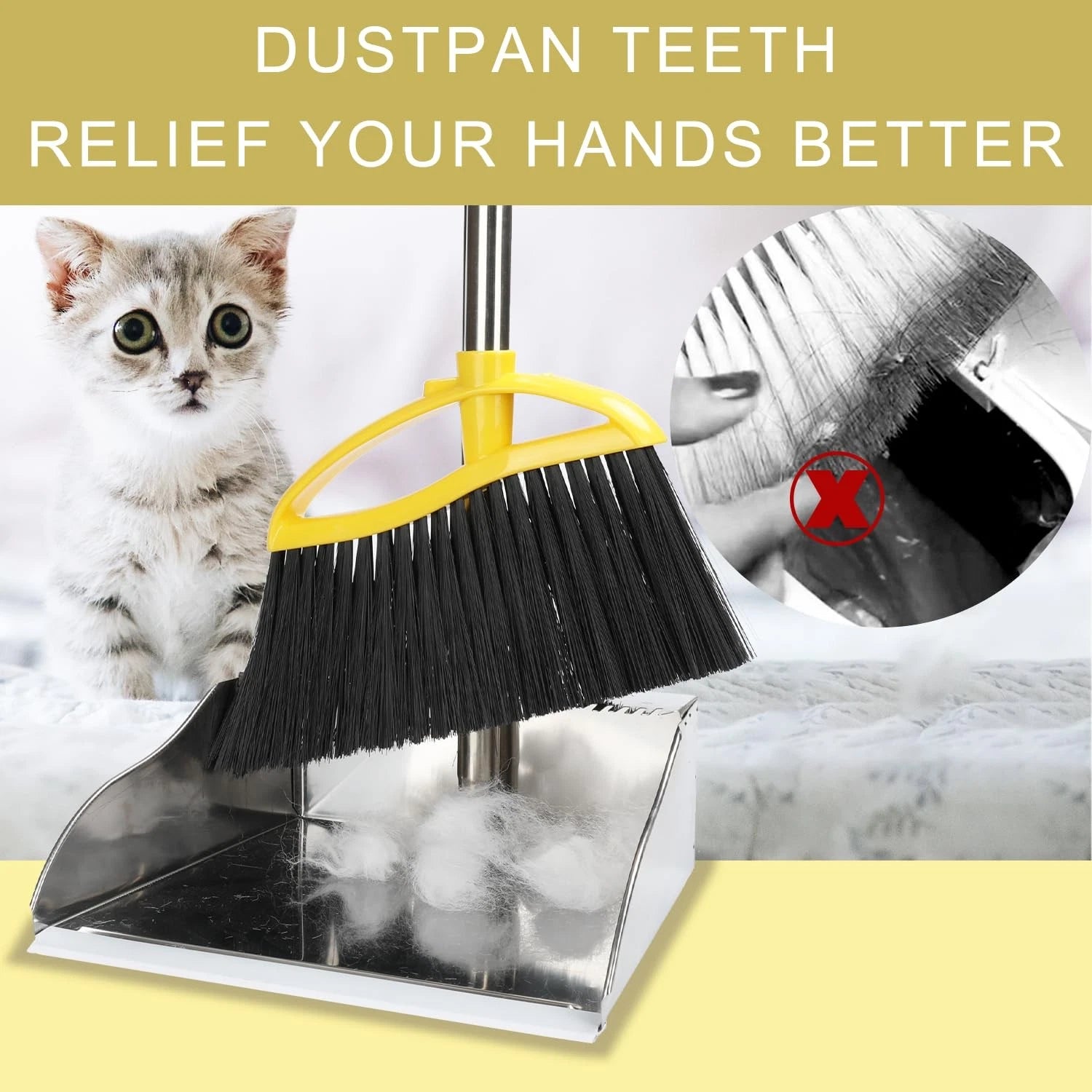 Broom and Dustpan Set for HomeSoft Bristles Indoor Kitchen Broom with Stainle...