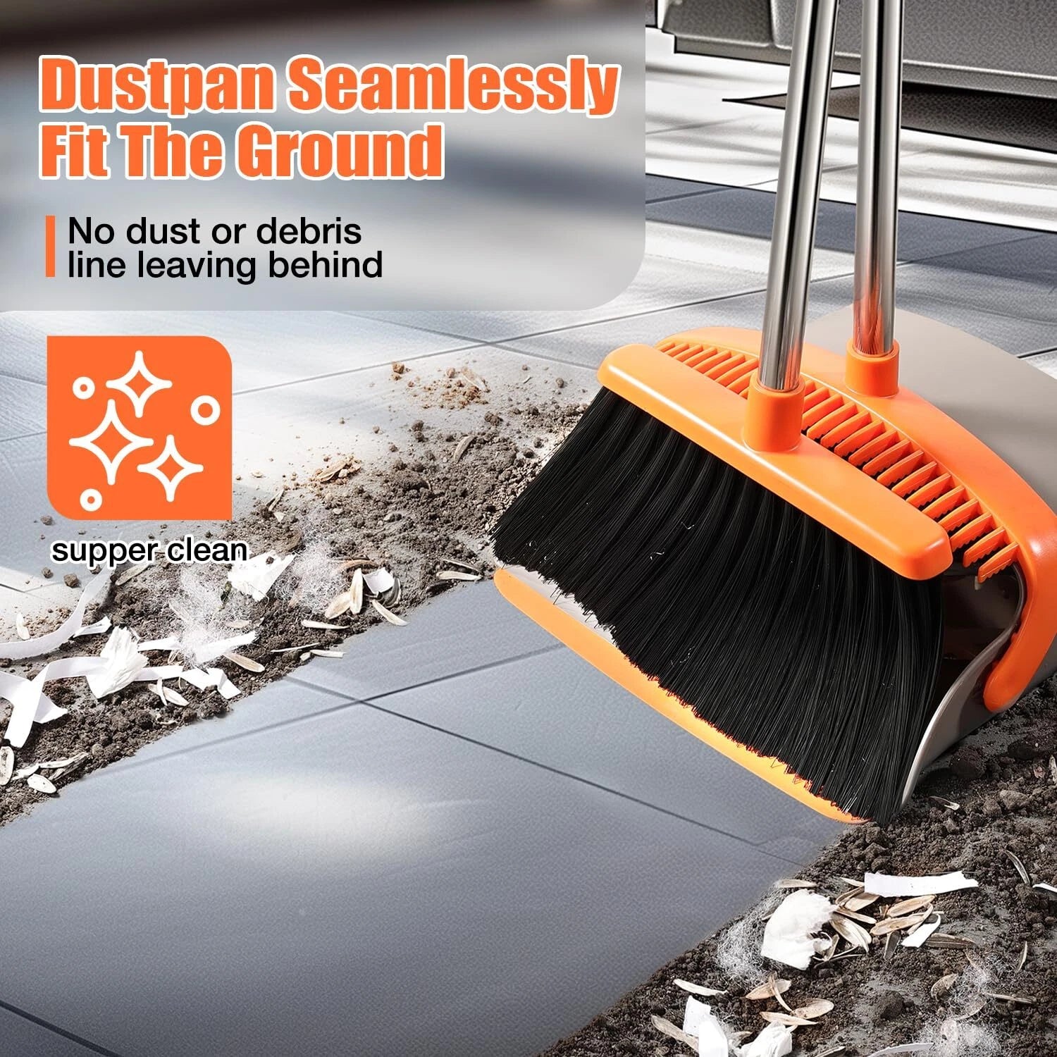 Broom and Dustpan Set 52" Adjustable Handle Stand Up Dustpan Teeth Heavy Duty