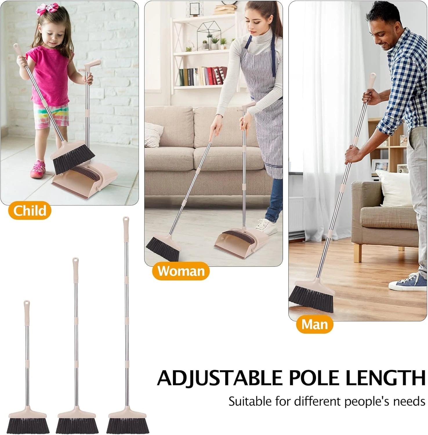 Broom and Dustpan Set with Long Handle Upright Standing Sweep Combo Home Office