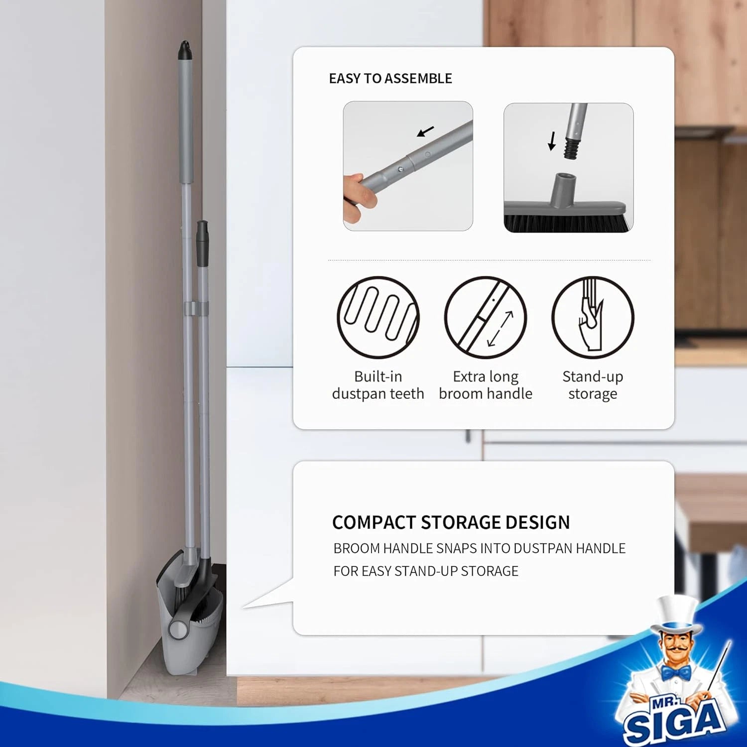 Broom and Dustpan Set with Adjustable Long Handle, Upright Combo for Floor, Clea