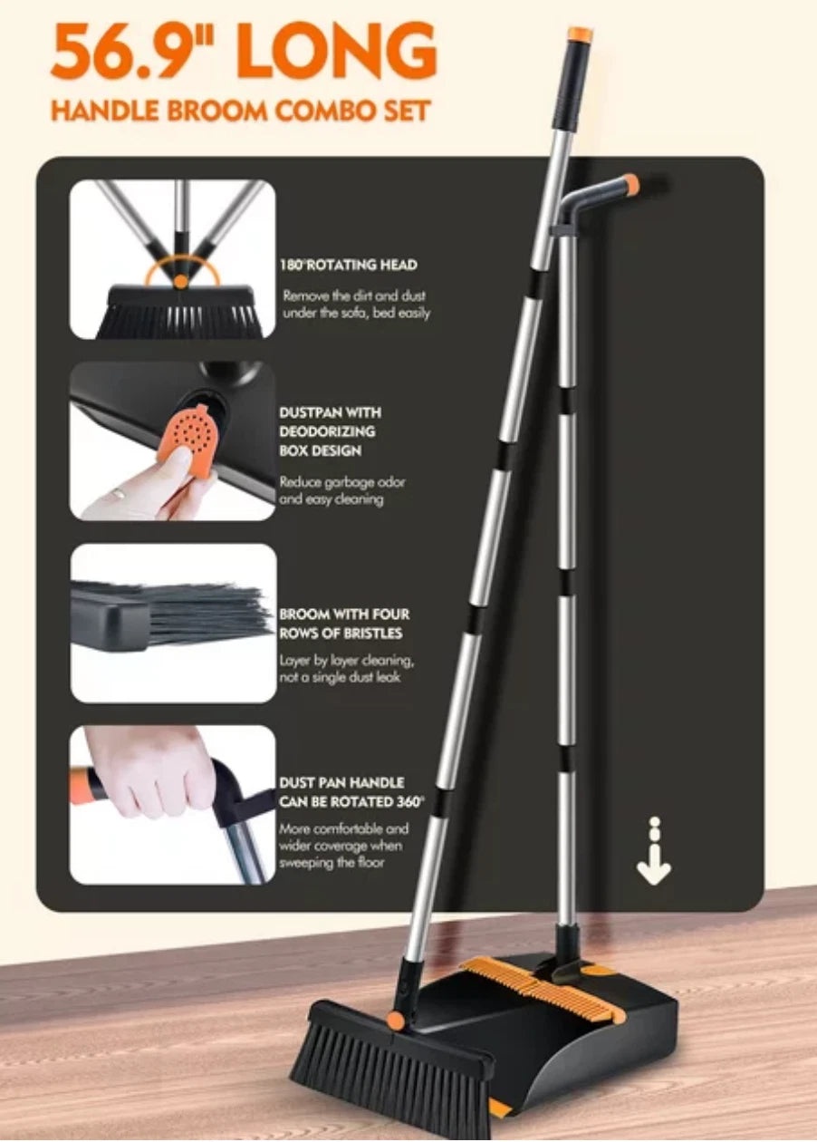 BIMZUC Broom and Dustpan Set for Home, Steel Dust Pan with 56.9" Long