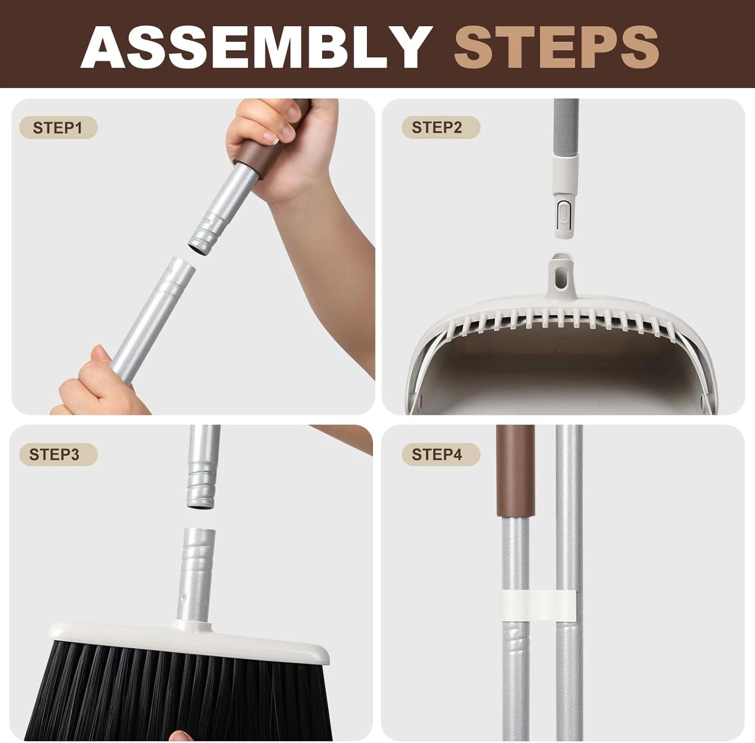 54-inch long-handled broom and dustpan set in brown and white