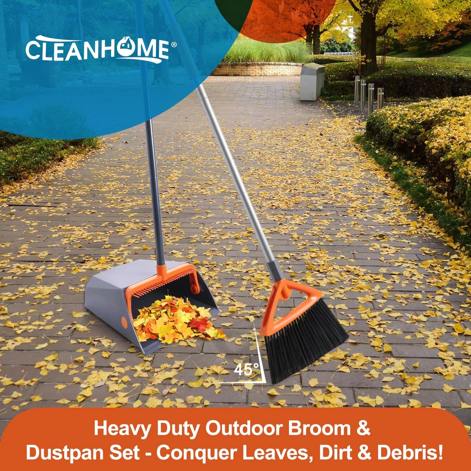 Heavy Duty Outdoor Broom & Dustpan Set Long Handle Split-End Bristles
