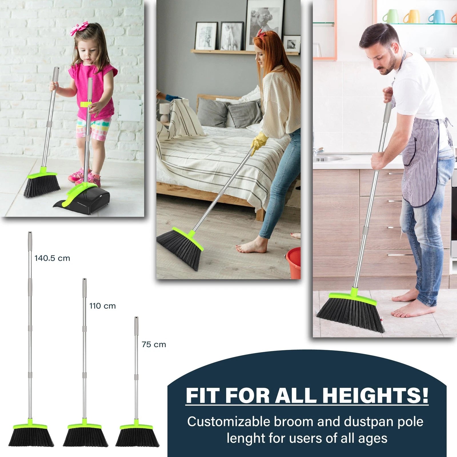 Broom and Dustpan Set 55", Long Adjustable Stainless Steel Handle, Upright, L...