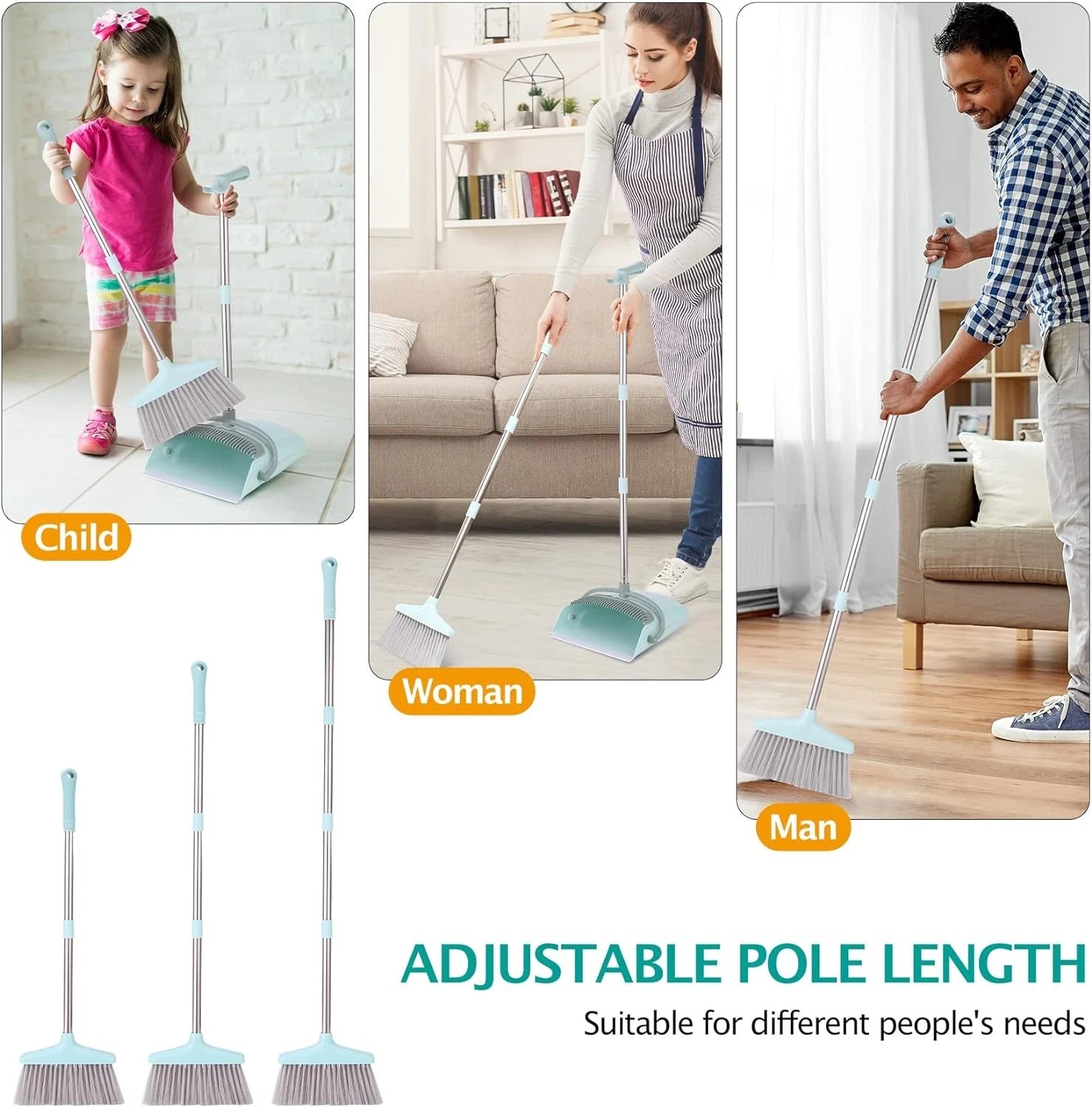 Broom and Dustpan Set 55" Long Handle Indoor Sweeping Combo Blue Green
