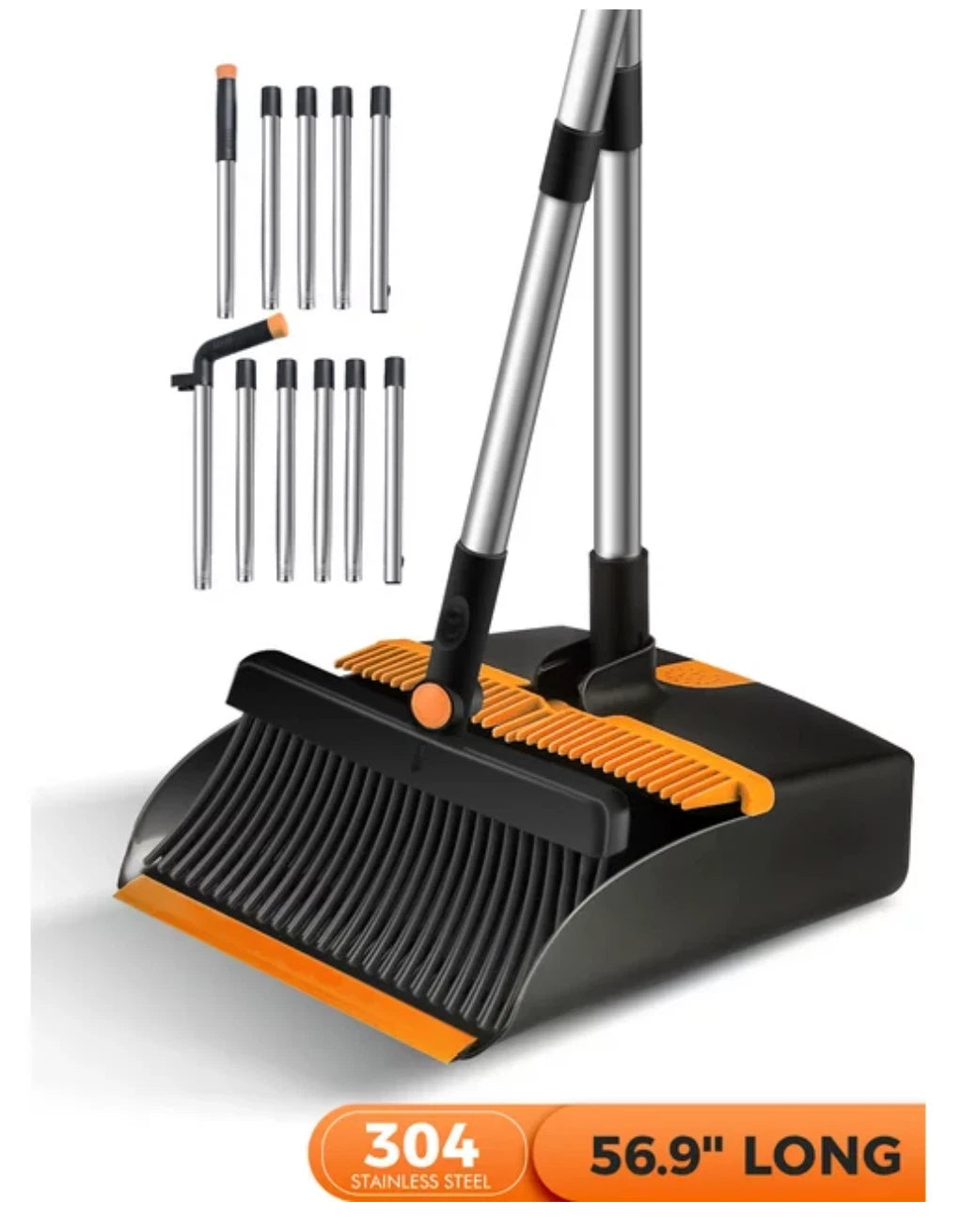 BIMZUC Broom and Dustpan Set for Home, Steel Dust Pan with 56.9" Long