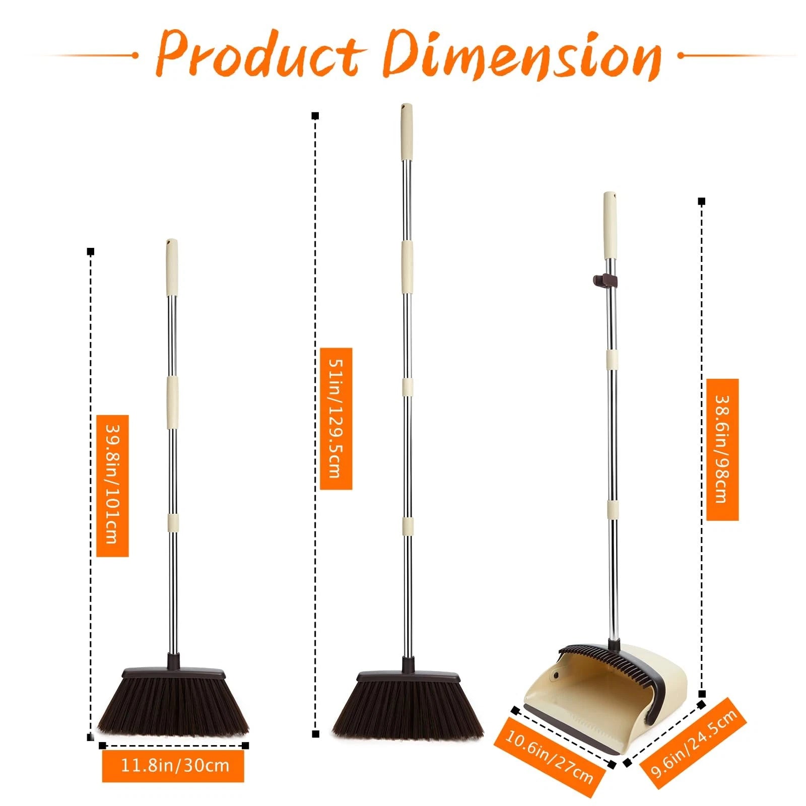 Broom and Dustpan Set with 51" Stainless Handle Soft Bristles for Home Use
