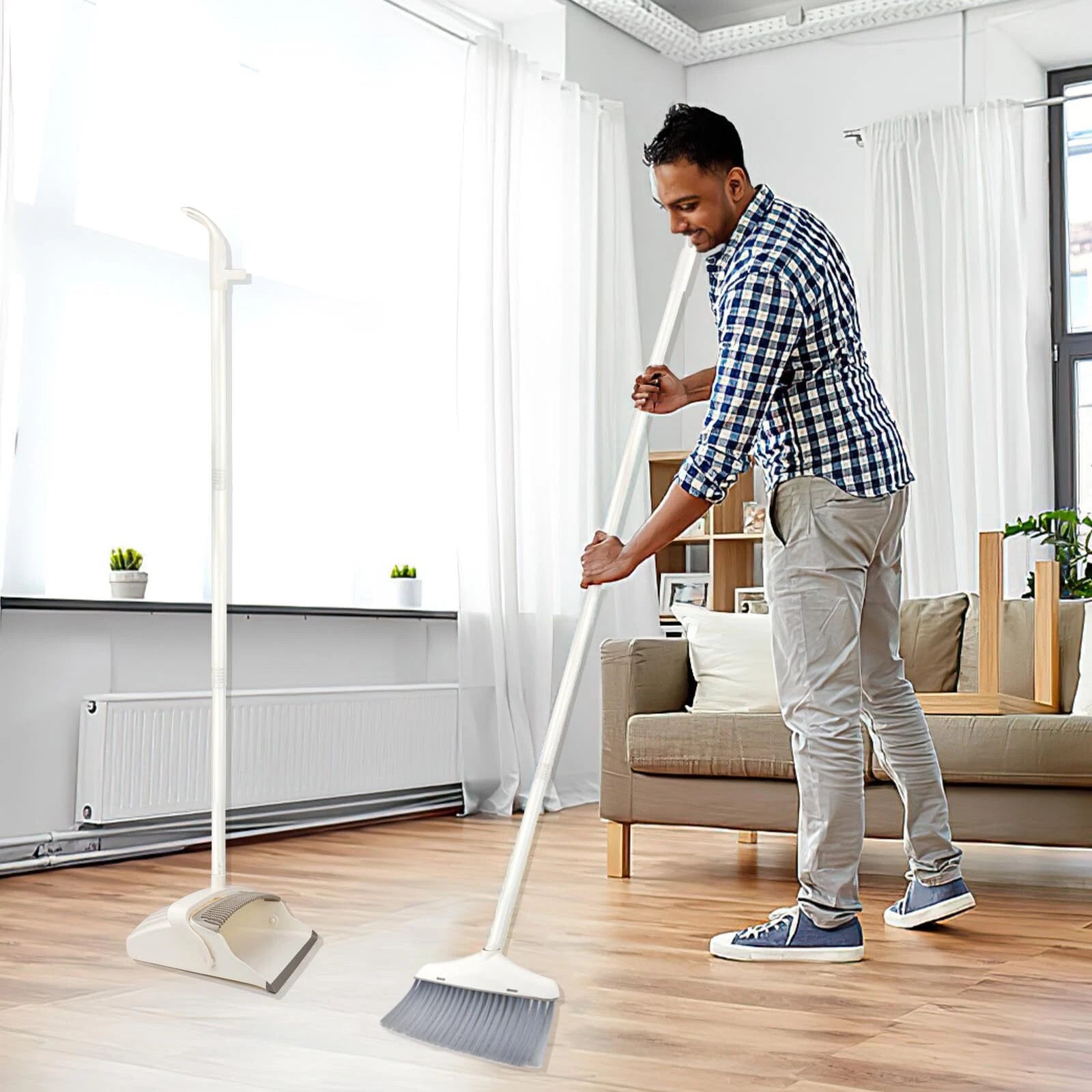 61 inch Broom Dustpan Combo Set Long Handle Stand-Up Home Kitchen Office