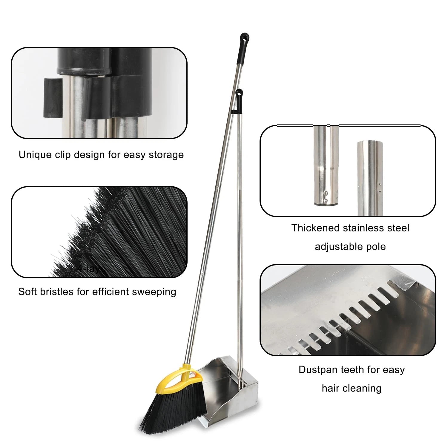 Broom and Dustpan Set for HomeSoft Bristles Indoor Kitchen Broom with Stainle...
