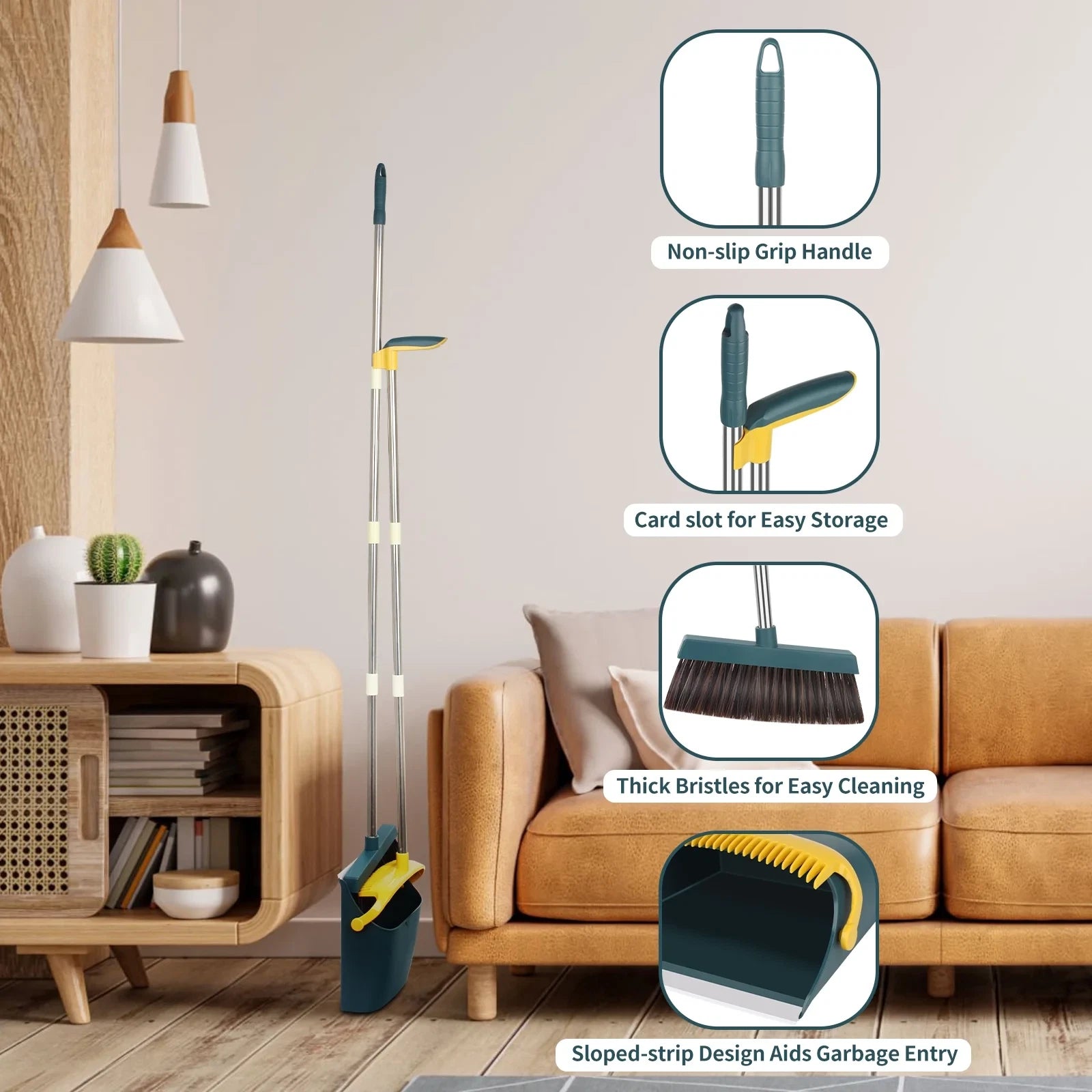57'' Broom and Dustpan Set for Home, Efficient Cleaning Teeth Dustpan, Long Hand