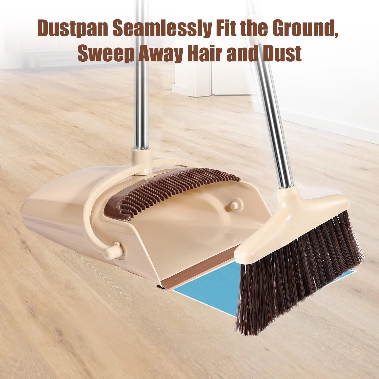 Broom and Dustpan Set with Long Handle Windproof Stand Up Combo Beige
