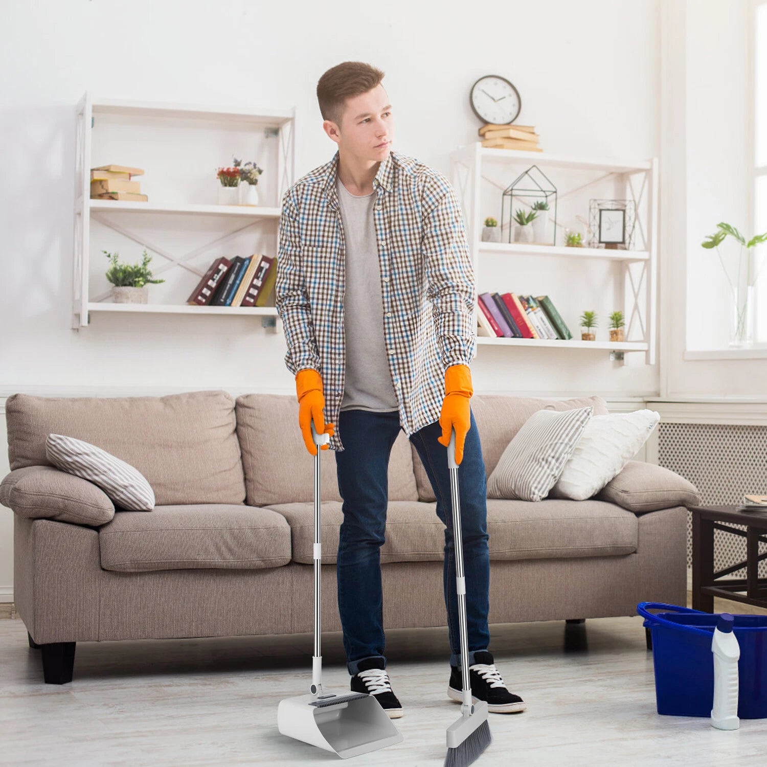 Broom And Dustpan Combo Set W/ Squeegee 4 In 1 Upright Standing Broom & Dust Pan
