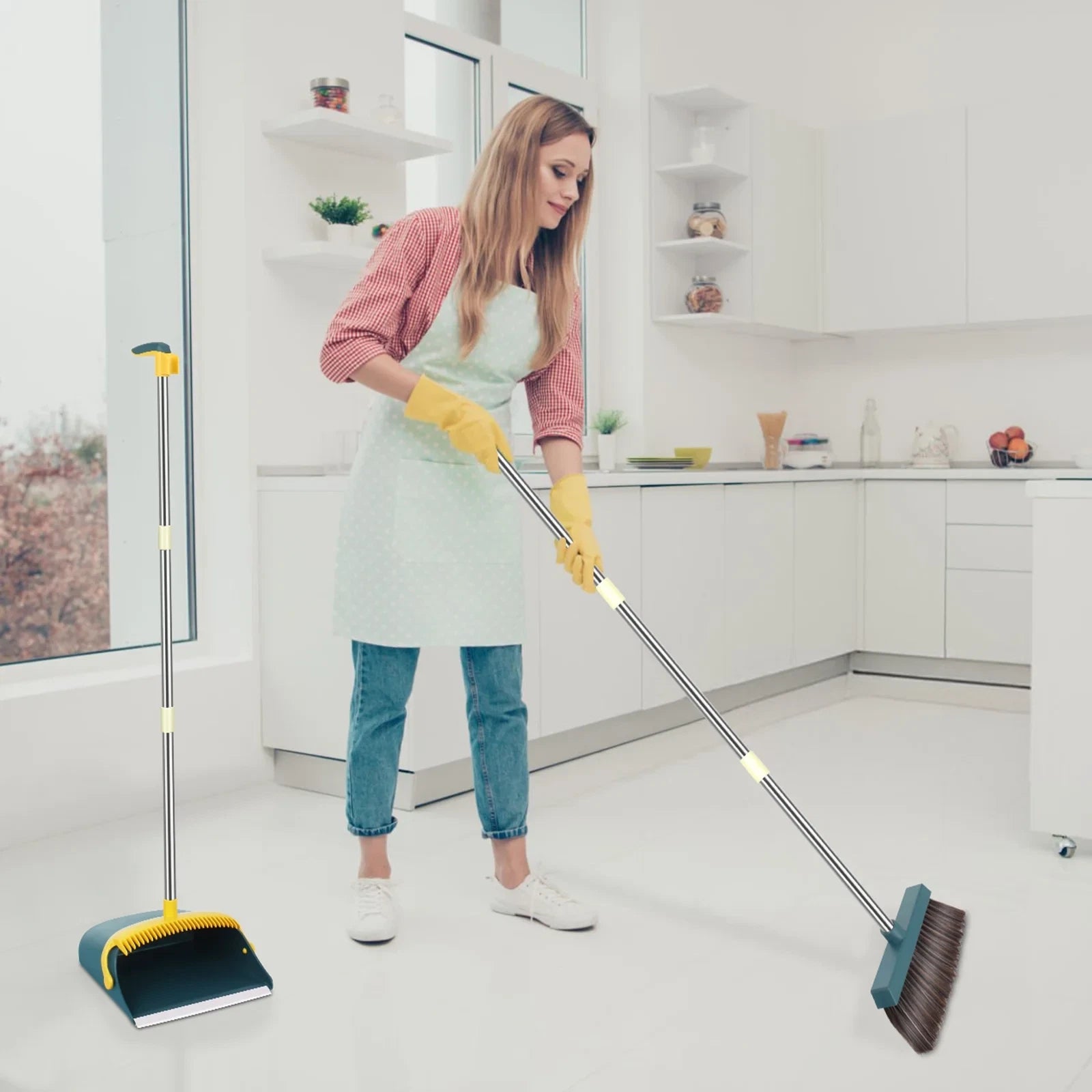 57'' Broom and Dustpan Set for Home, Efficient Cleaning Teeth Dustpan, Long Hand
