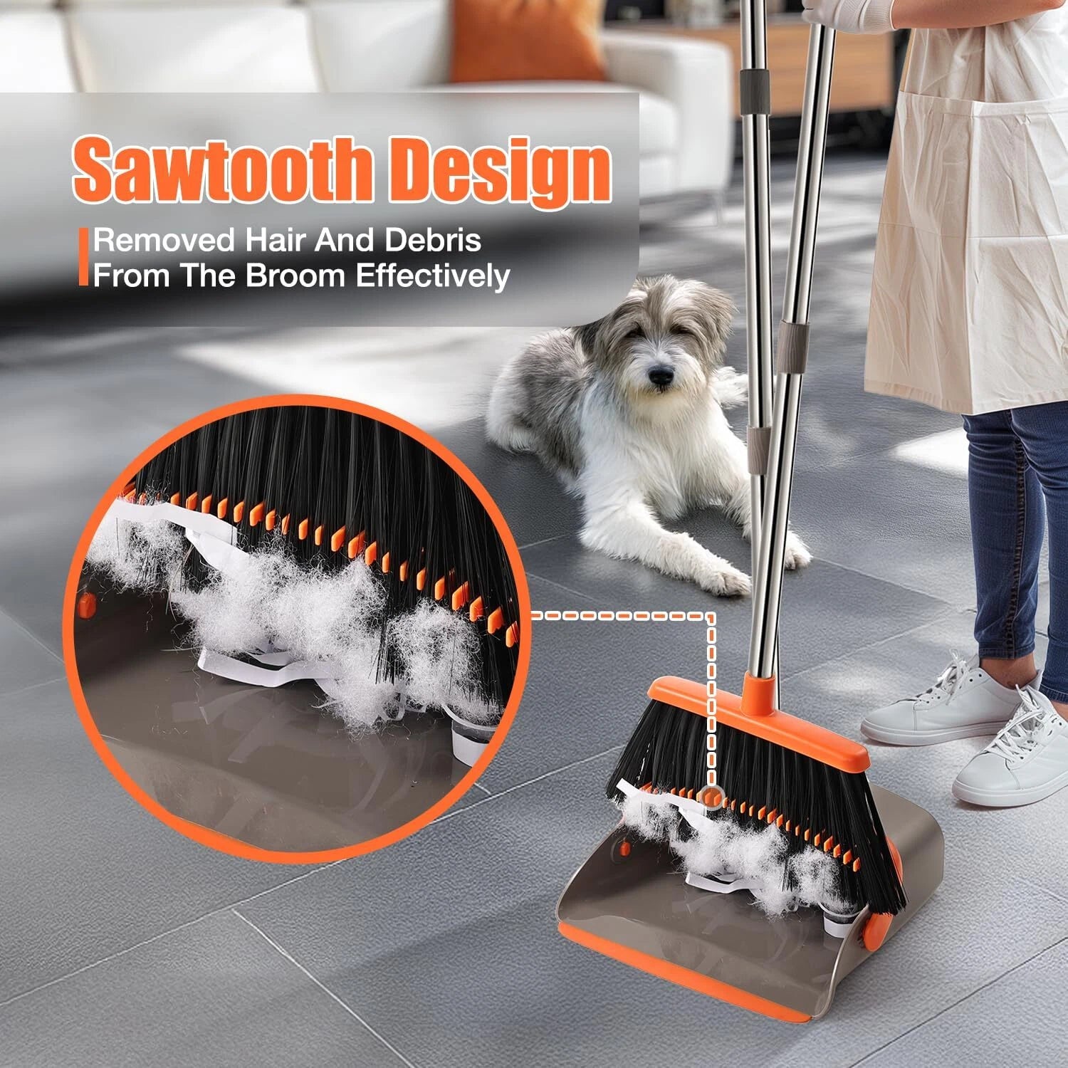 Broom and Dustpan Set 52" Adjustable Handle Stand Up Dustpan Teeth Heavy Duty