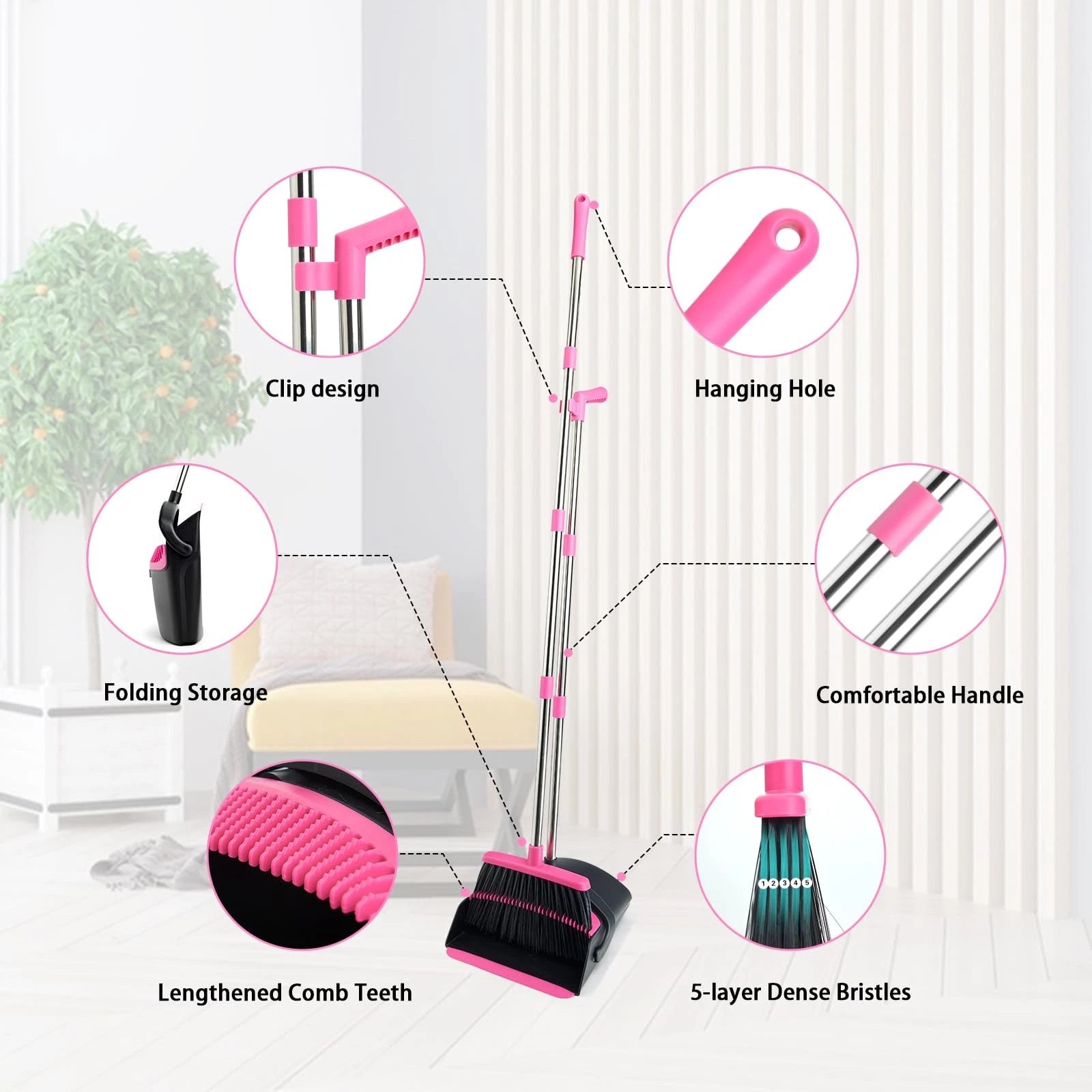 Broom and Dustpan Set Long Handle Lightweight Dustpans with Combo for Home