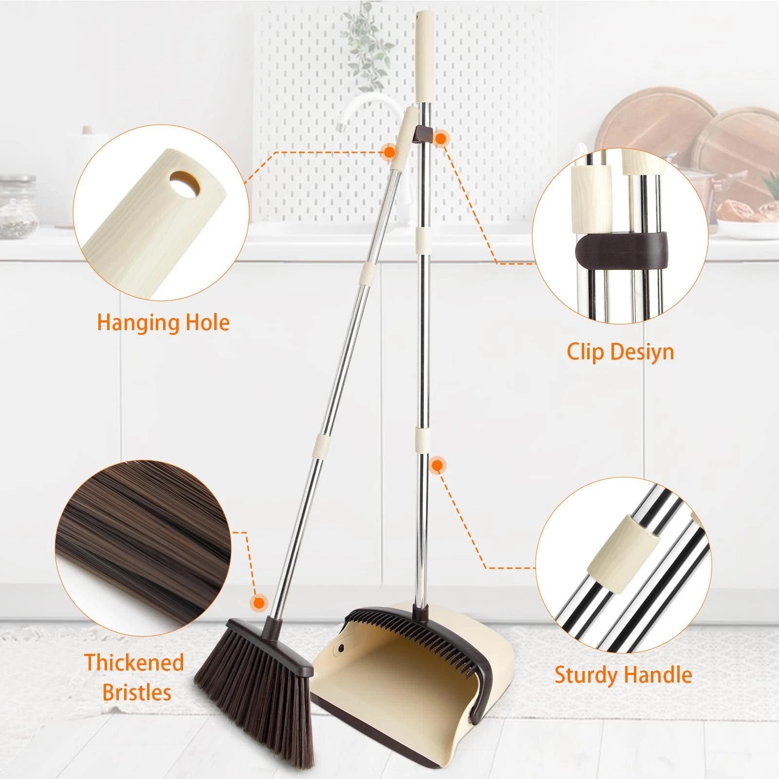 Broom and Dustpan Set with 51" Stainless Handle Soft Bristles for Home Use
