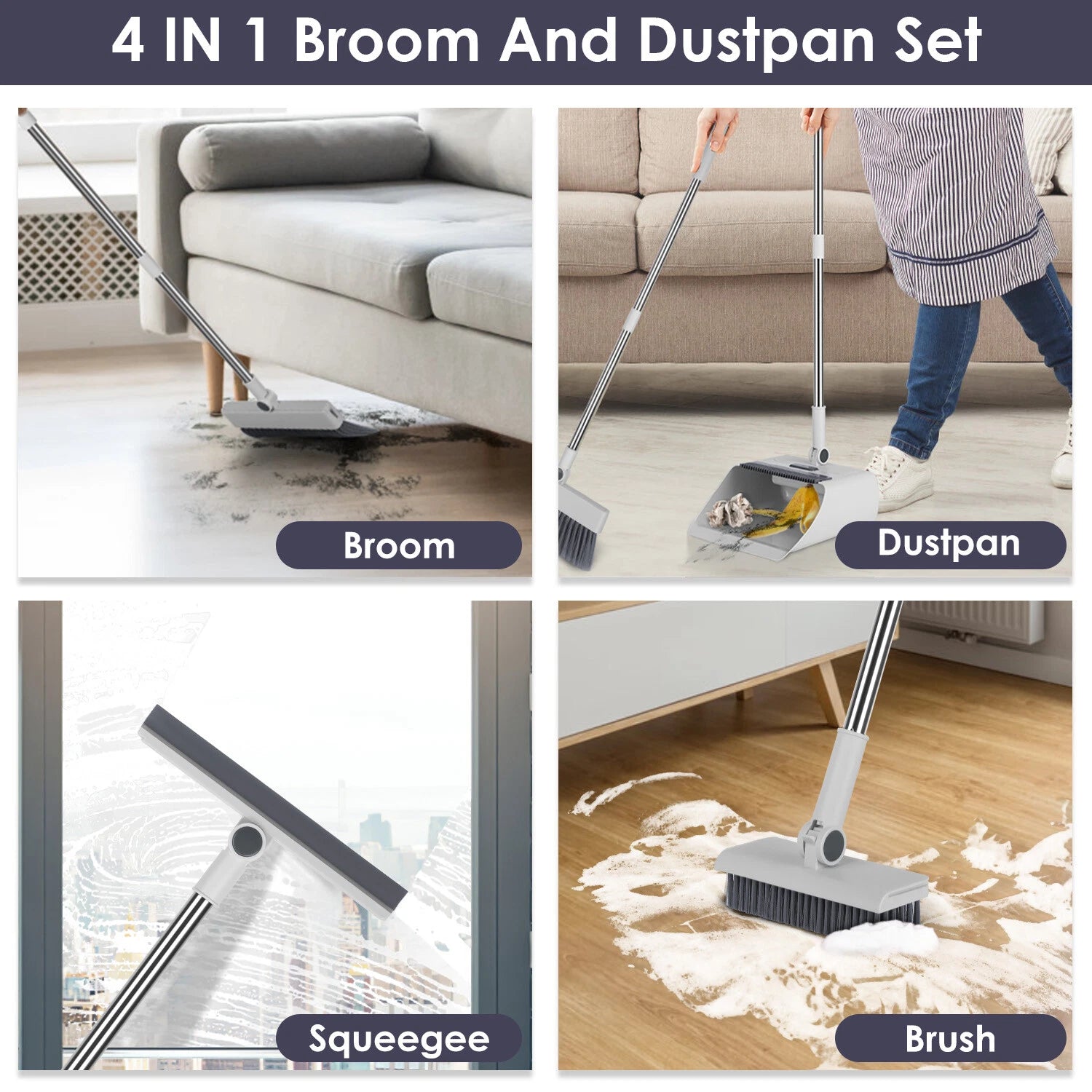 Broom & Dustpan Set W/ Squeegee for Home Upgrade 4 In 1 Upright Stand Up DustPan