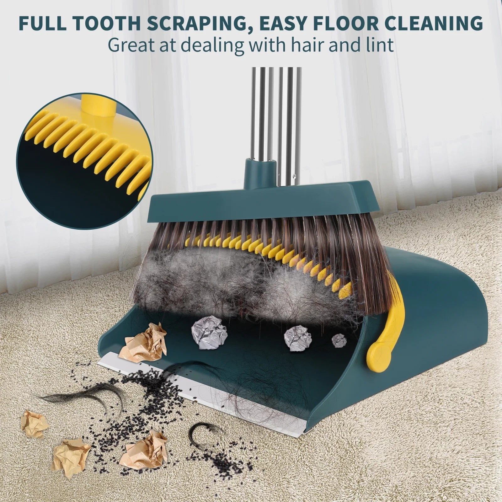 57'' Broom and Dustpan Set for Home, Efficient Cleaning Teeth Dustpan, Long Hand