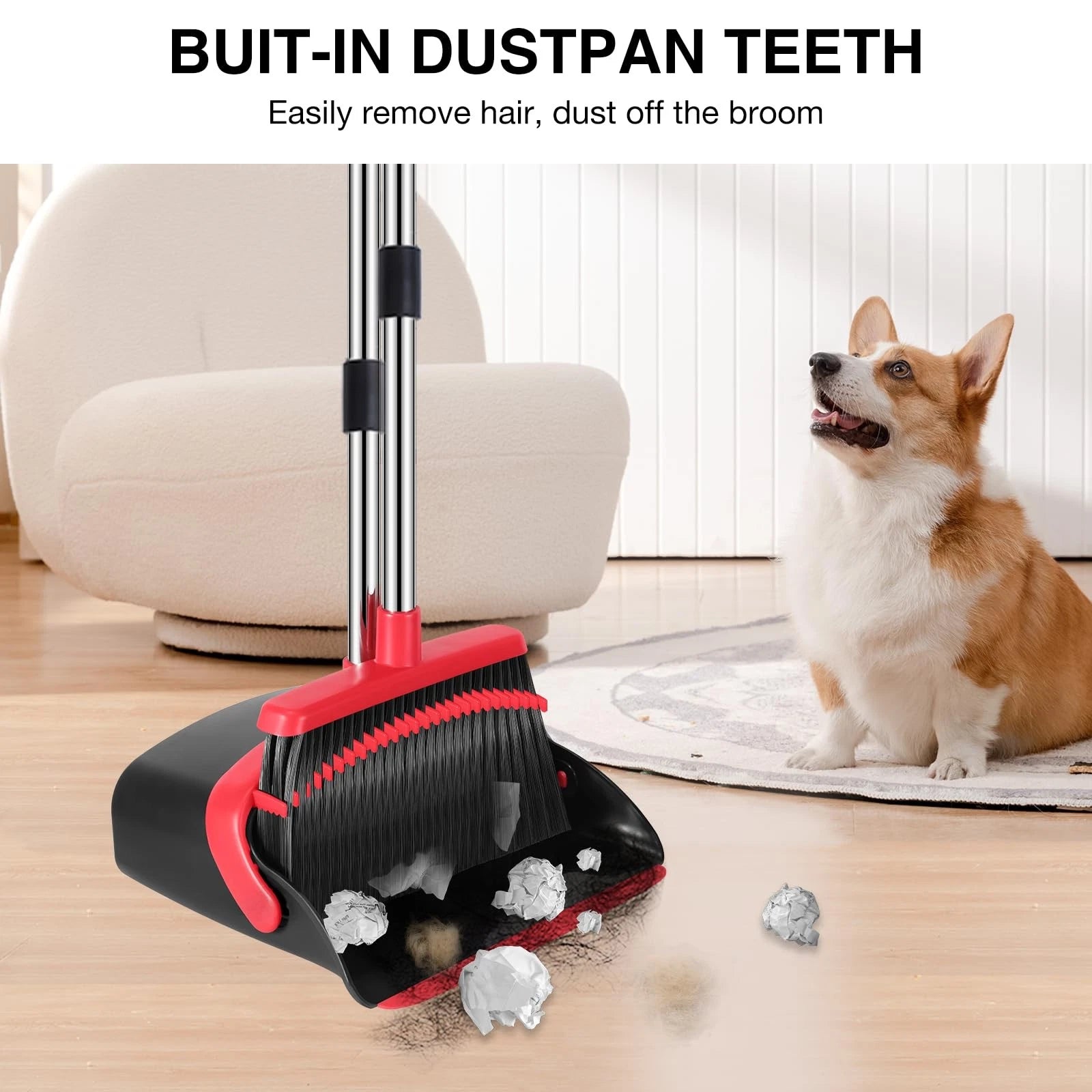 Broom and Dustpan Set 52-in Long Adjustable Handle Combo with Teeth