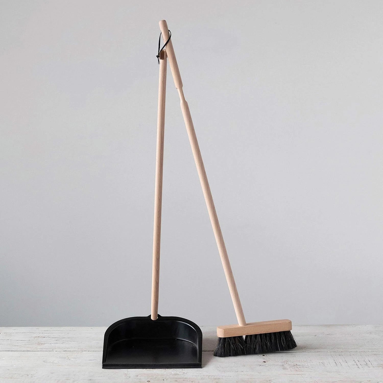 Beech Wood Broom & Standing Metal Dust Pan, Natural & Black