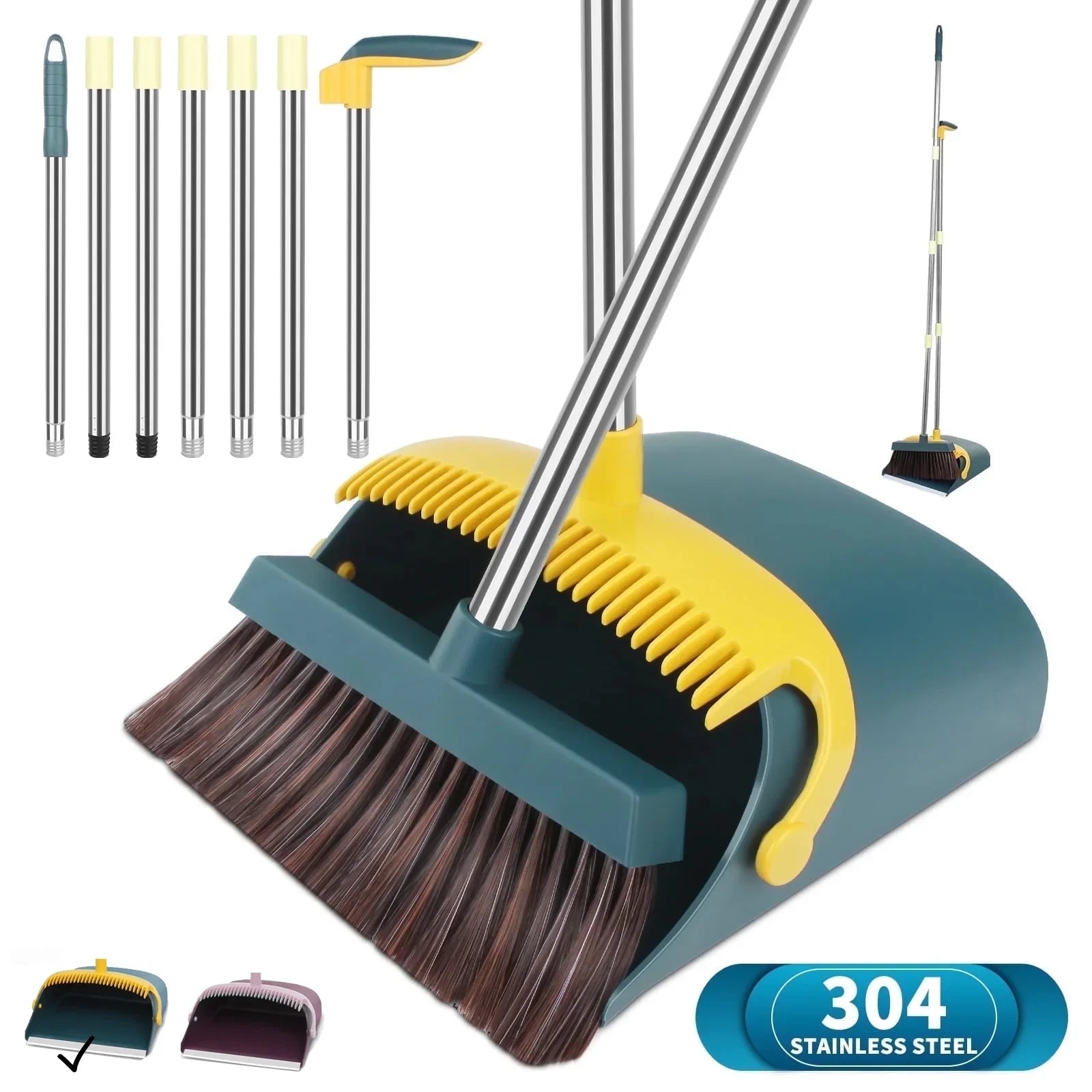 57'' Broom and Dustpan Set for Home, Efficient Cleaning Teeth Dustpan, Long Hand