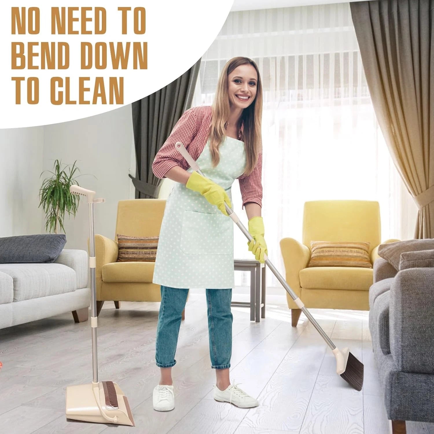 Broom and Dustpan Set with Long Handle Upright Standing Sweep Combo Home Office