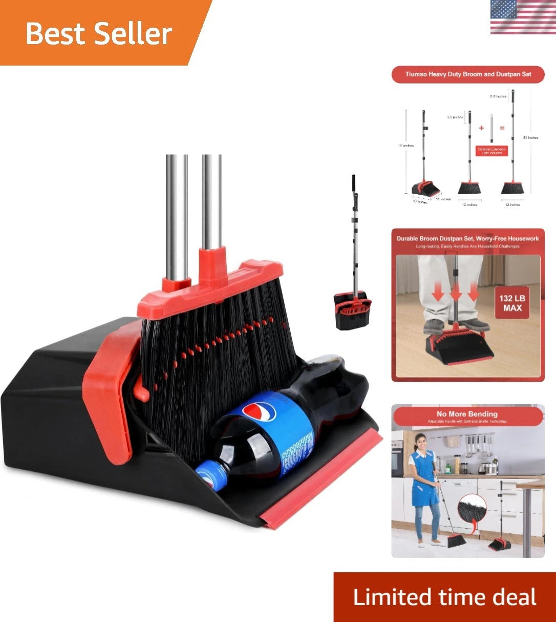 Large Upright Dustpan and Broom Set with Self-Cleaning Technology - 12" Wide