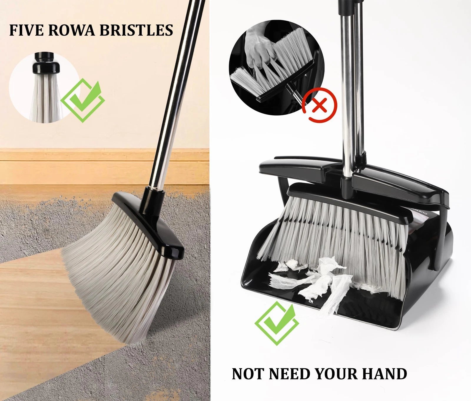 Broom and Dustpan Set for Home with Lid Indoor Upright and Combo Long Handle
