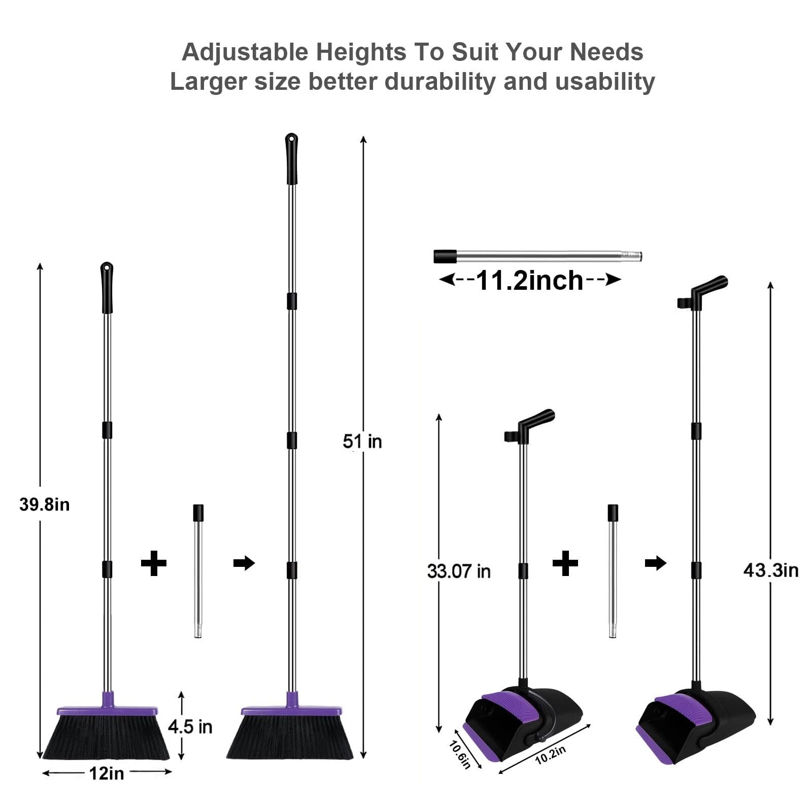 Broom And Dustpan Set Upright Purple Broom With Dustpan Combo Set 51" Long Handl