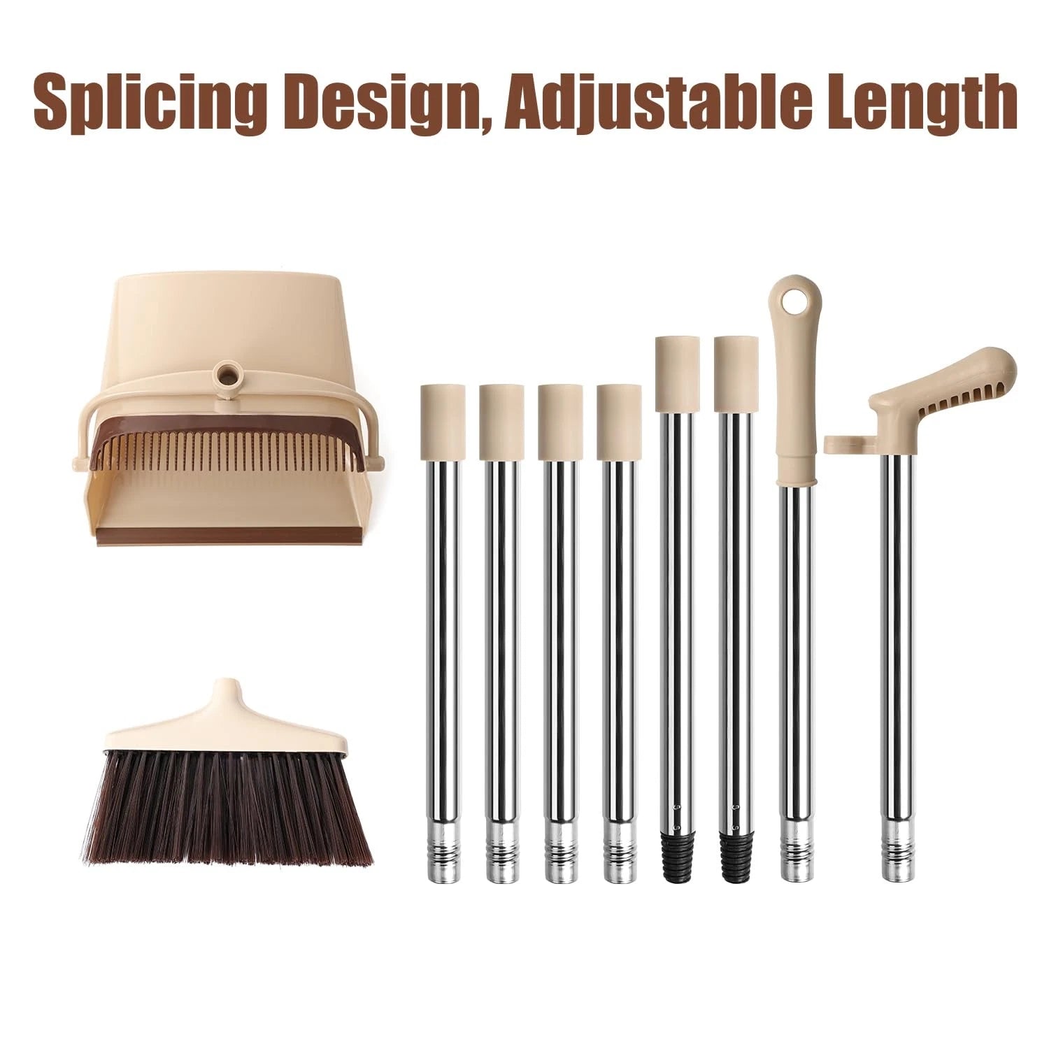 Broom and Dustpan Set with Long Handle Windproof Stand Up Combo Beige