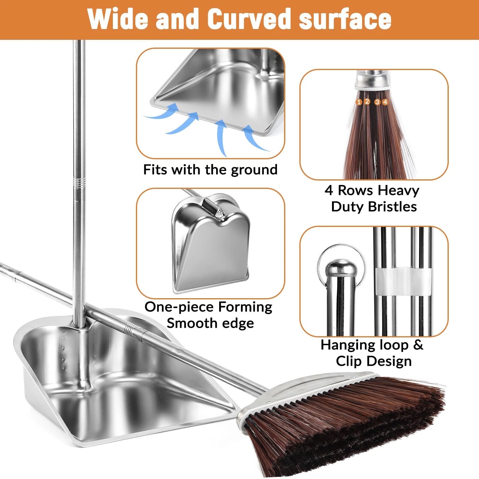 Broom with Dustpan Combo Set 46" Stainless Steel Broom and Dustpan Set for Ho...