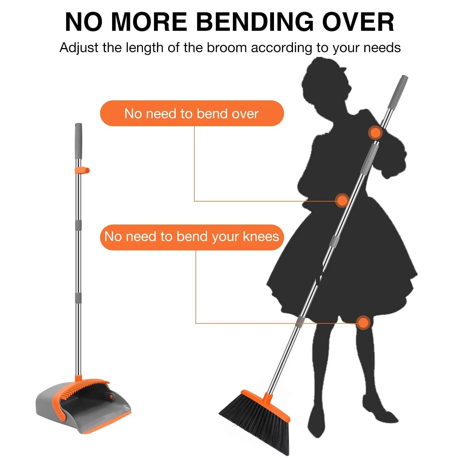 Broom and Dustpan Set 52-in Long Adjustable Handle Broom Dustpan Combo with D...