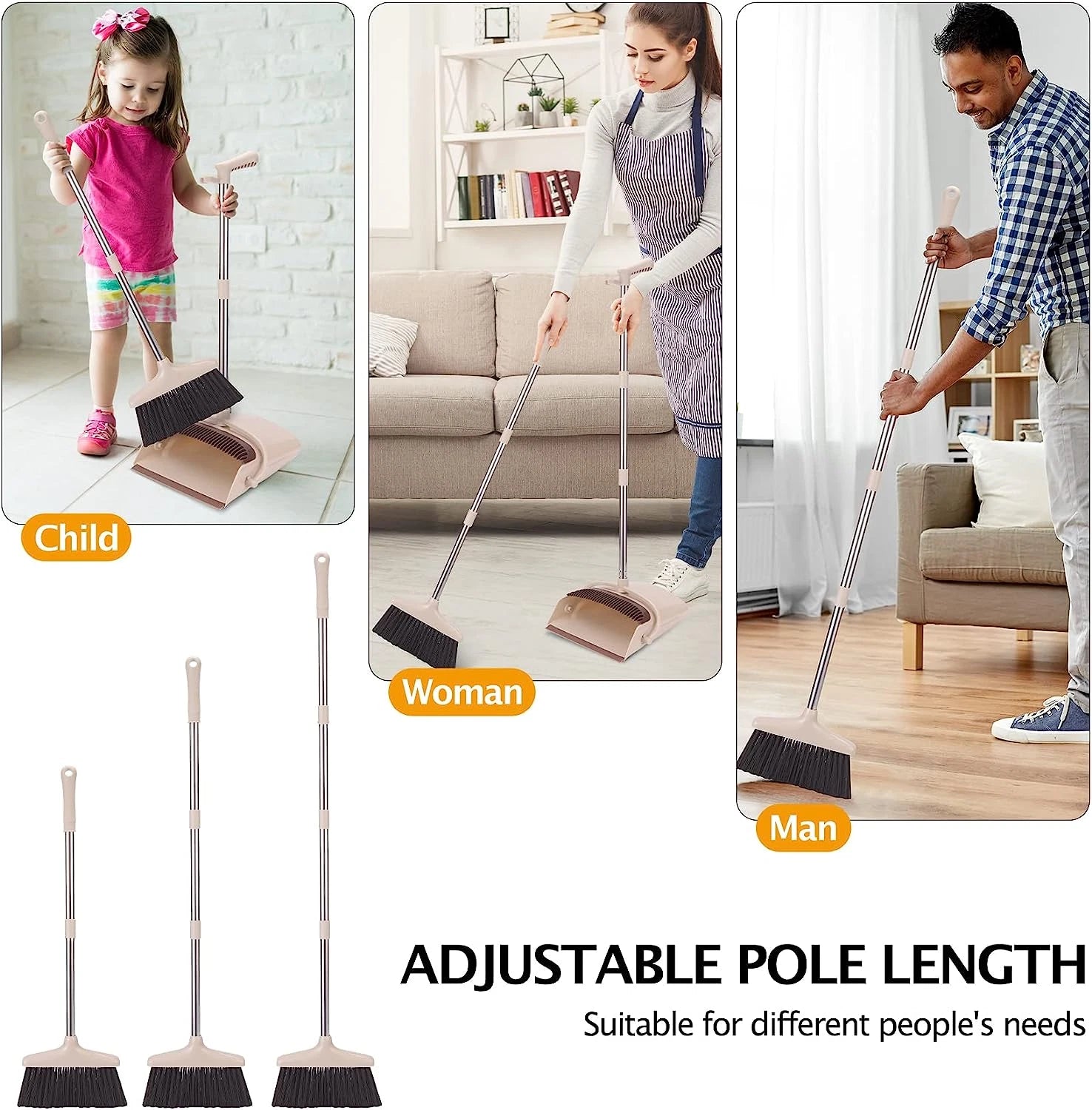 Broom and Dustpan Set with Long Handle, Light Weight Stainless Steel Po