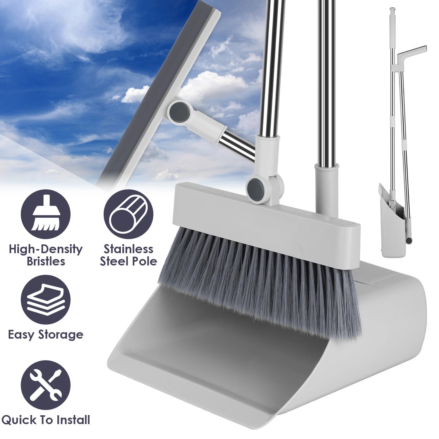 Heavy Duty Broom And Dustpan Combo Set W/ Squeegee Stylish Grey Handle Perfect