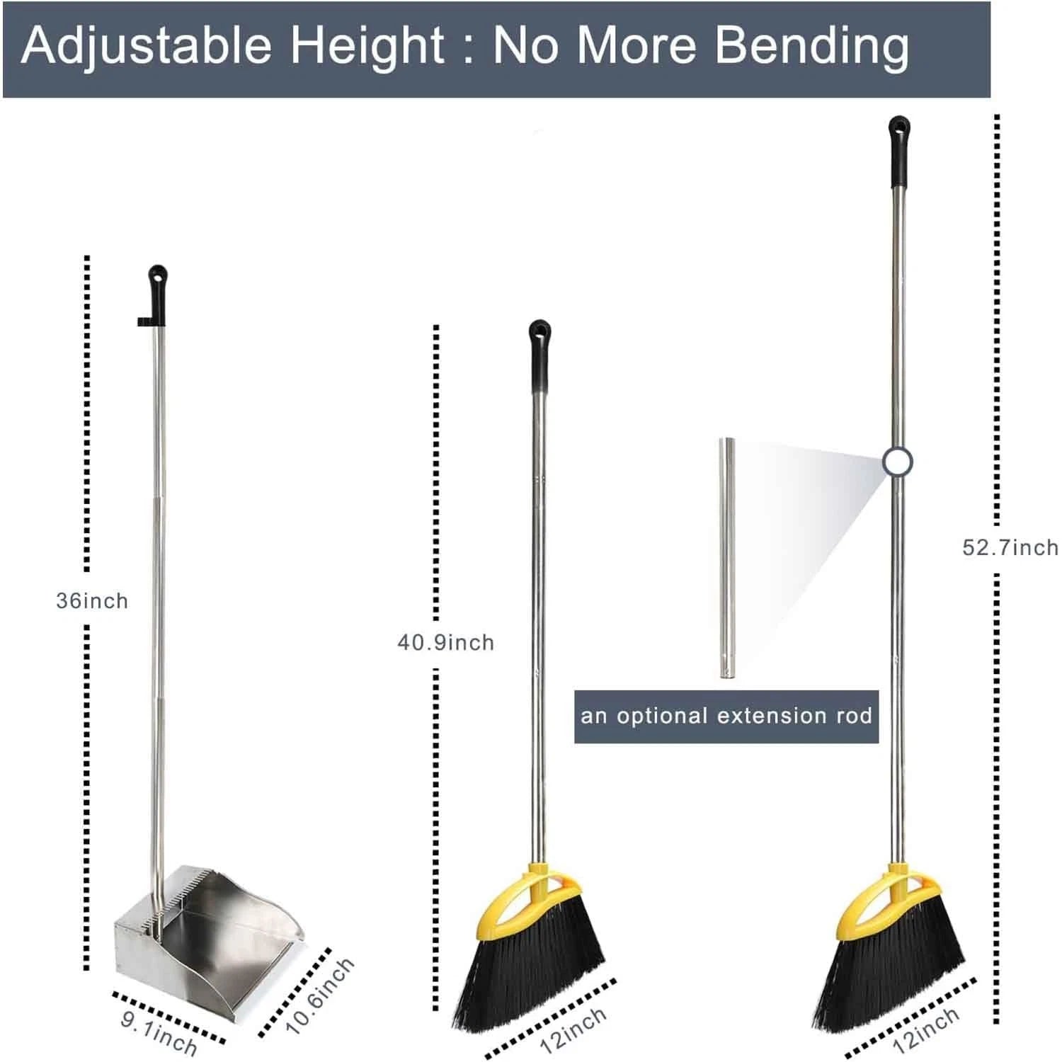Broom and Dustpan Set for HomeSoft Bristles Indoor Kitchen Broom with Stainle...