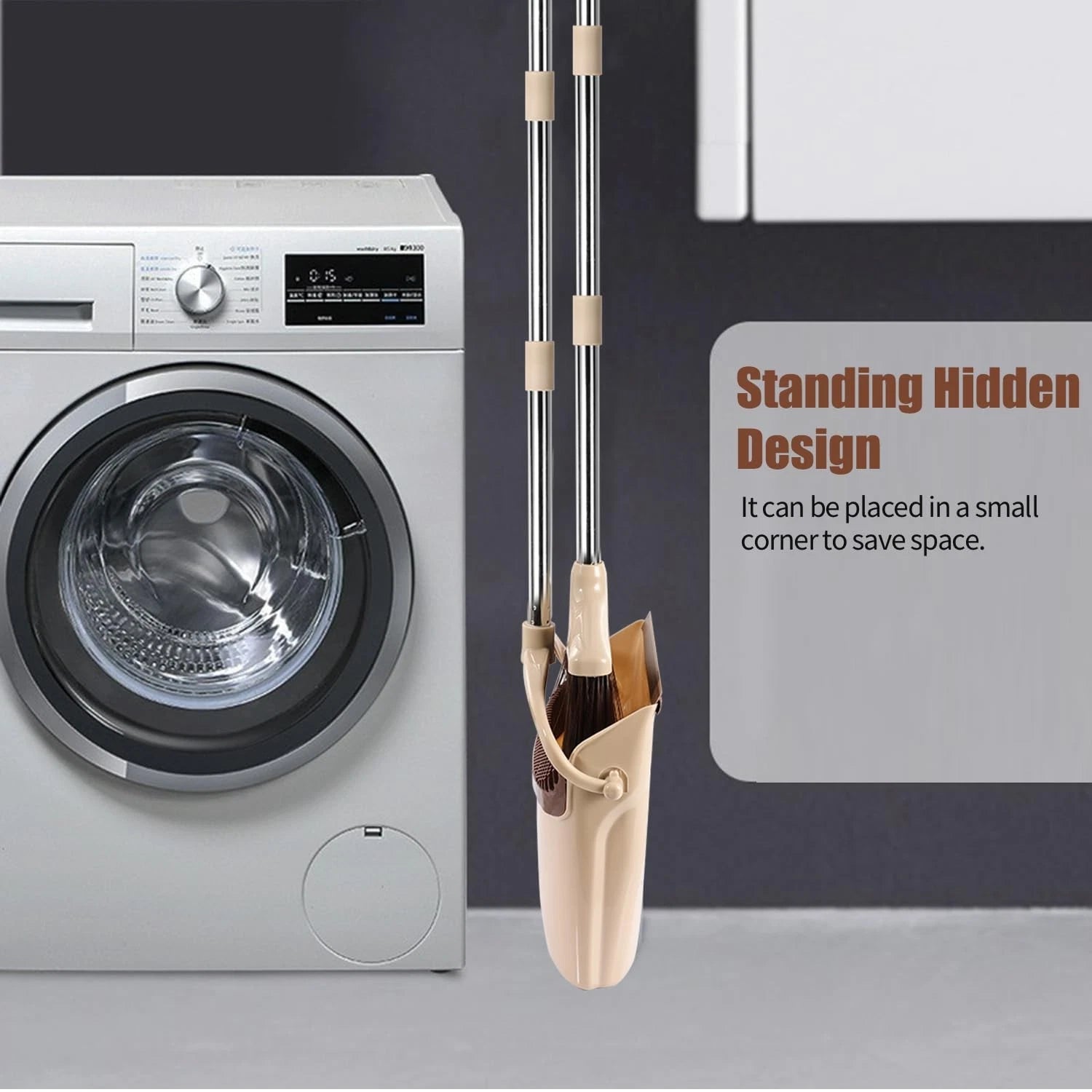 Broom and Dustpan Set with Long Handle Windproof Stand Up Combo Beige
