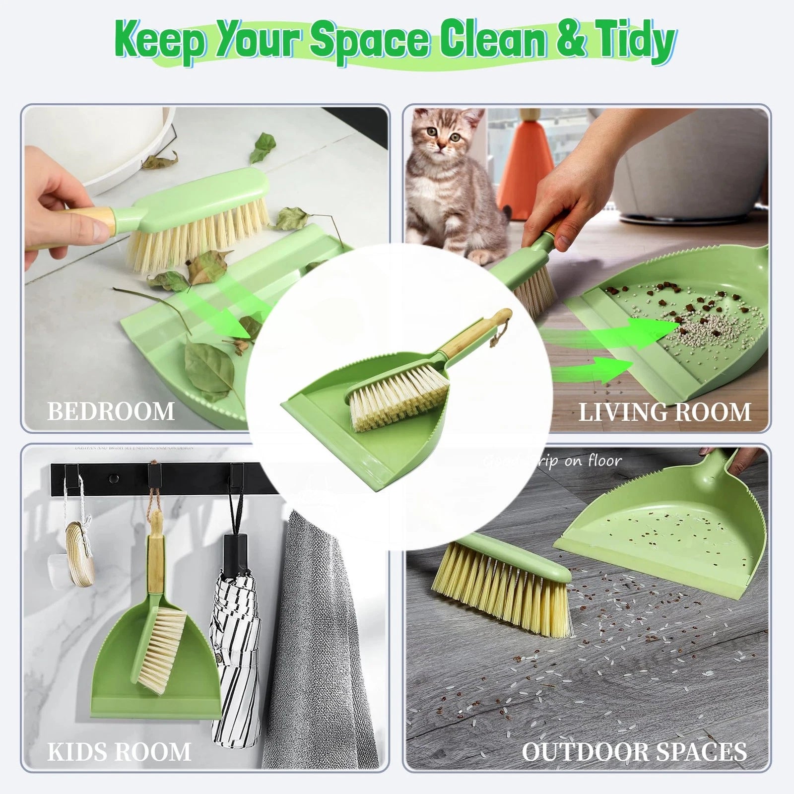 Green Hand Broom Dustpan Set for Pet Car Dorm Camping Compact Cleaning Tool