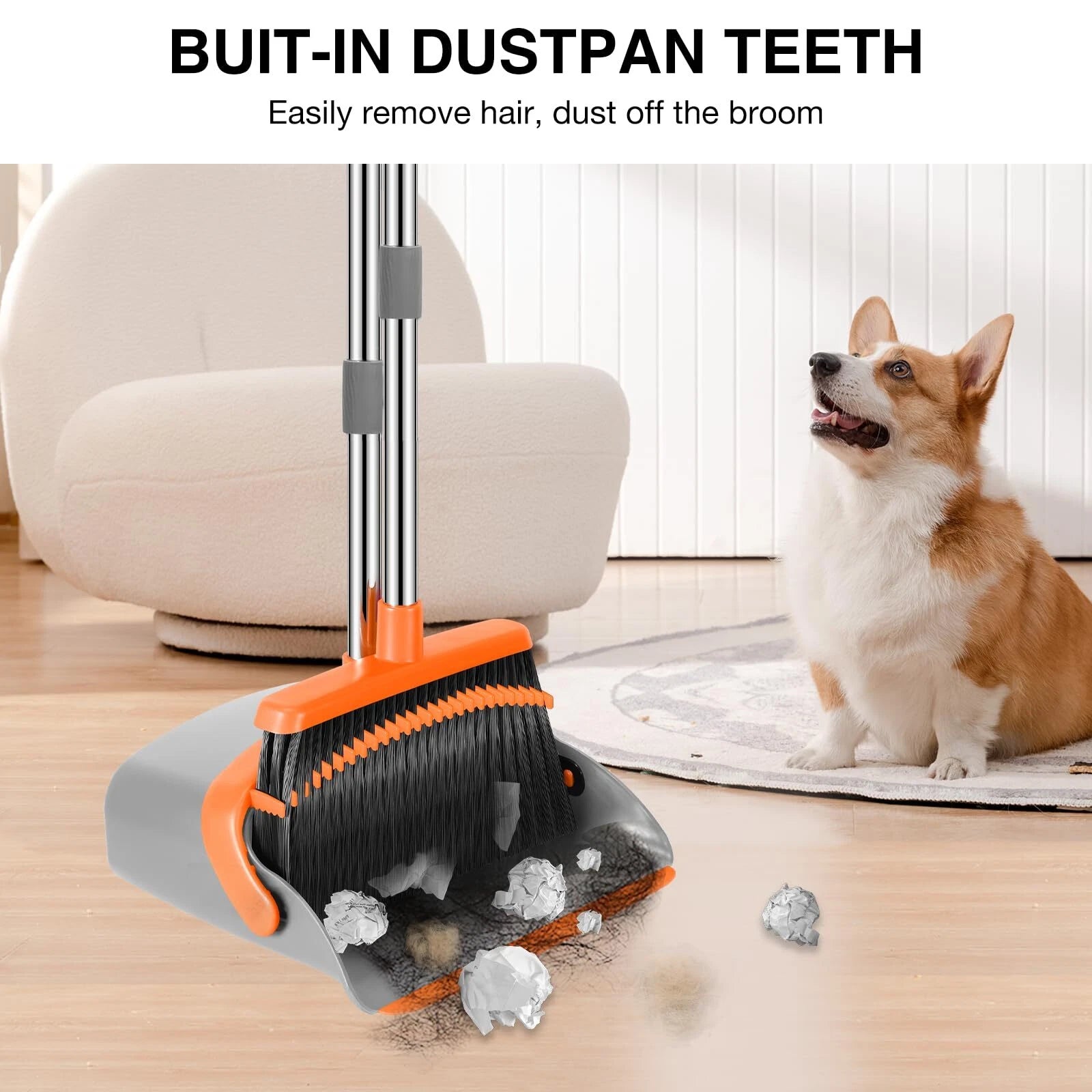 Broom and Dustpan Set 52-in Long Adjustable Handle Broom Dustpan Combo with D...