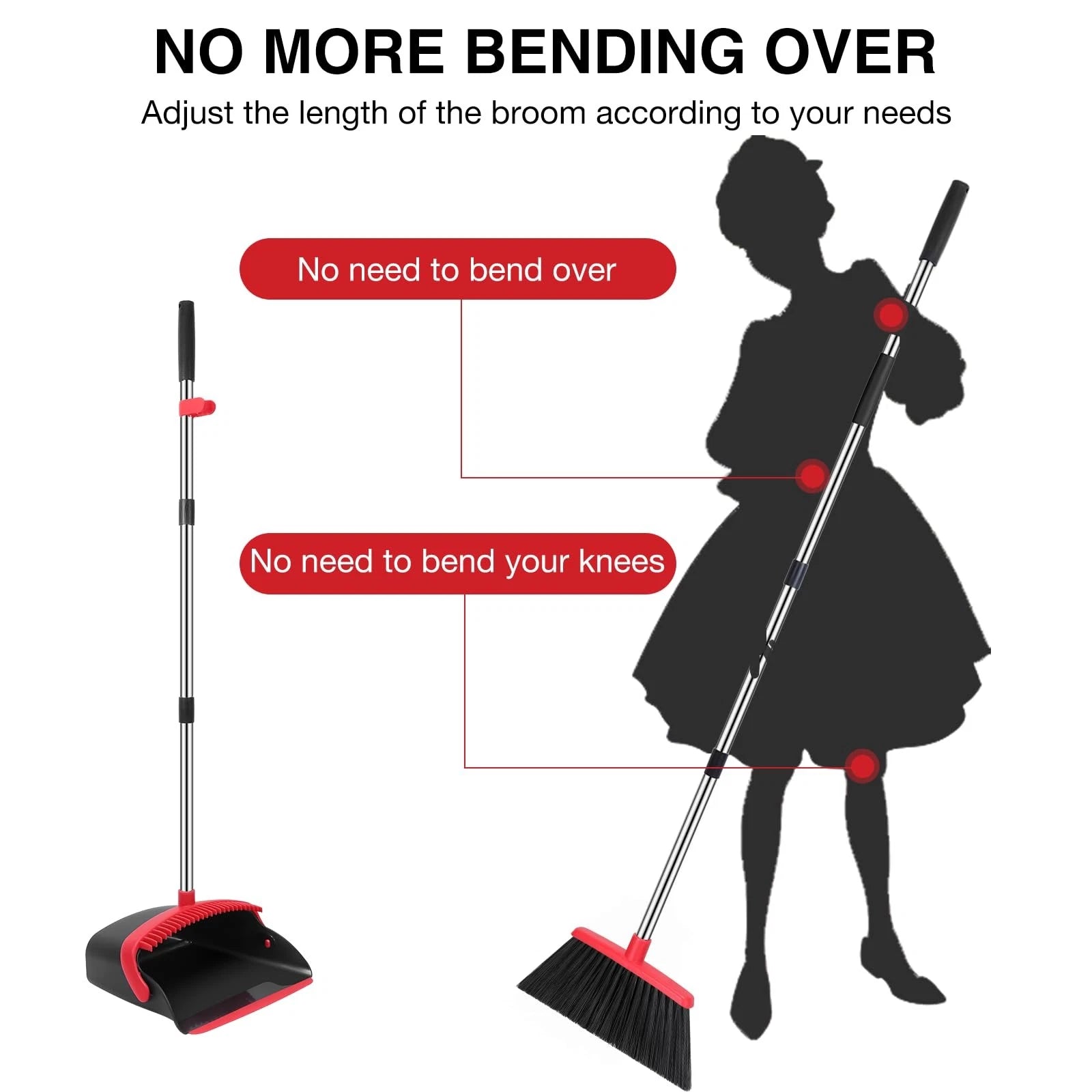 Broom and Dustpan Set 52-in Long Adjustable Handle Combo with Teeth