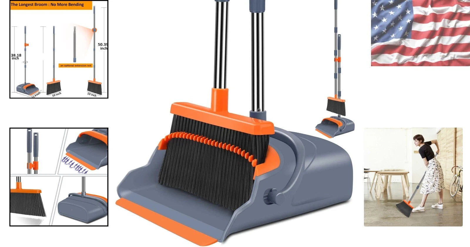 Innovative Upright Broom and Dustpan with Self-Cleaning Teeth for Efficiency
