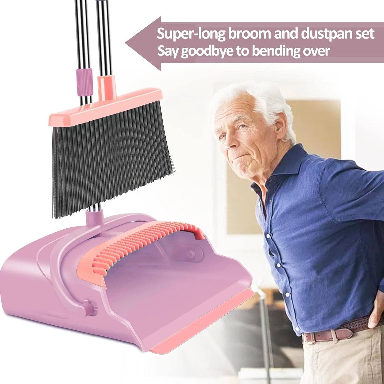 Broom and Dustpan Set for Home, Office, Indoor&Outdoor Pink