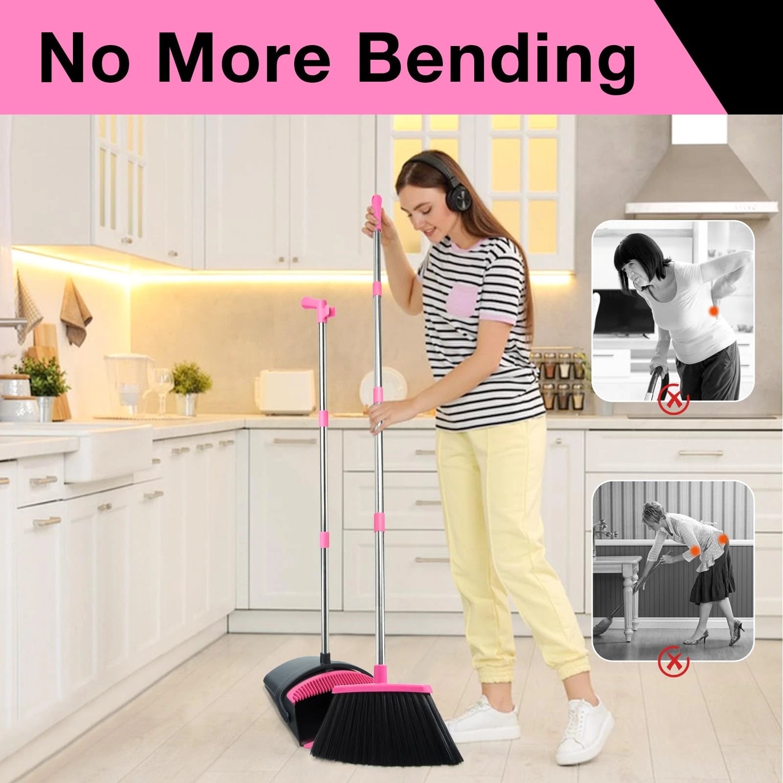 Broom and Dustpan Set Long Handle Lightweight Dustpans with Combo for Home